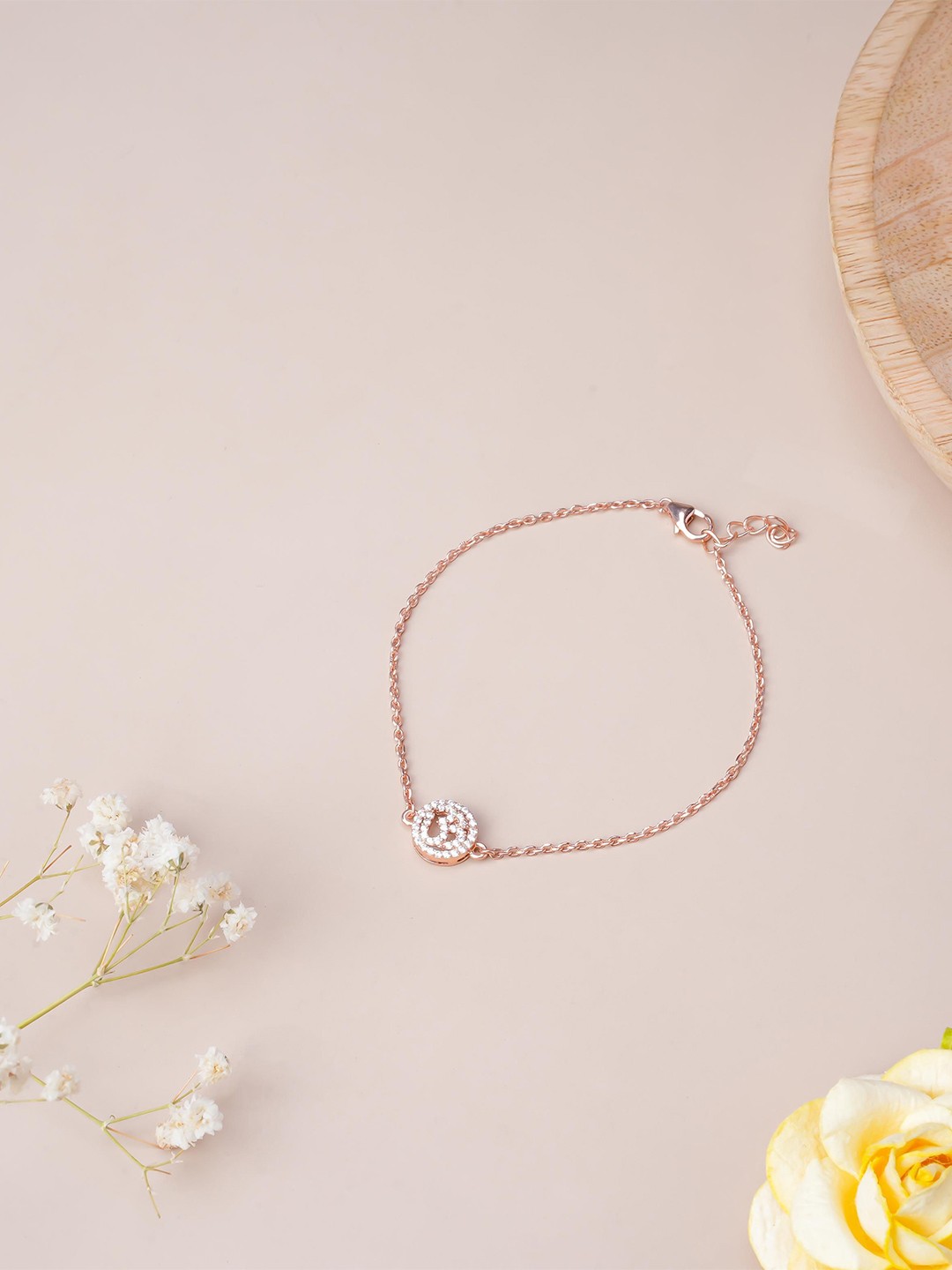

LIORA 925 Silver Jewellery Sterling Silver Rose Gold-Plated CZ-Studded Om Link Bracelet