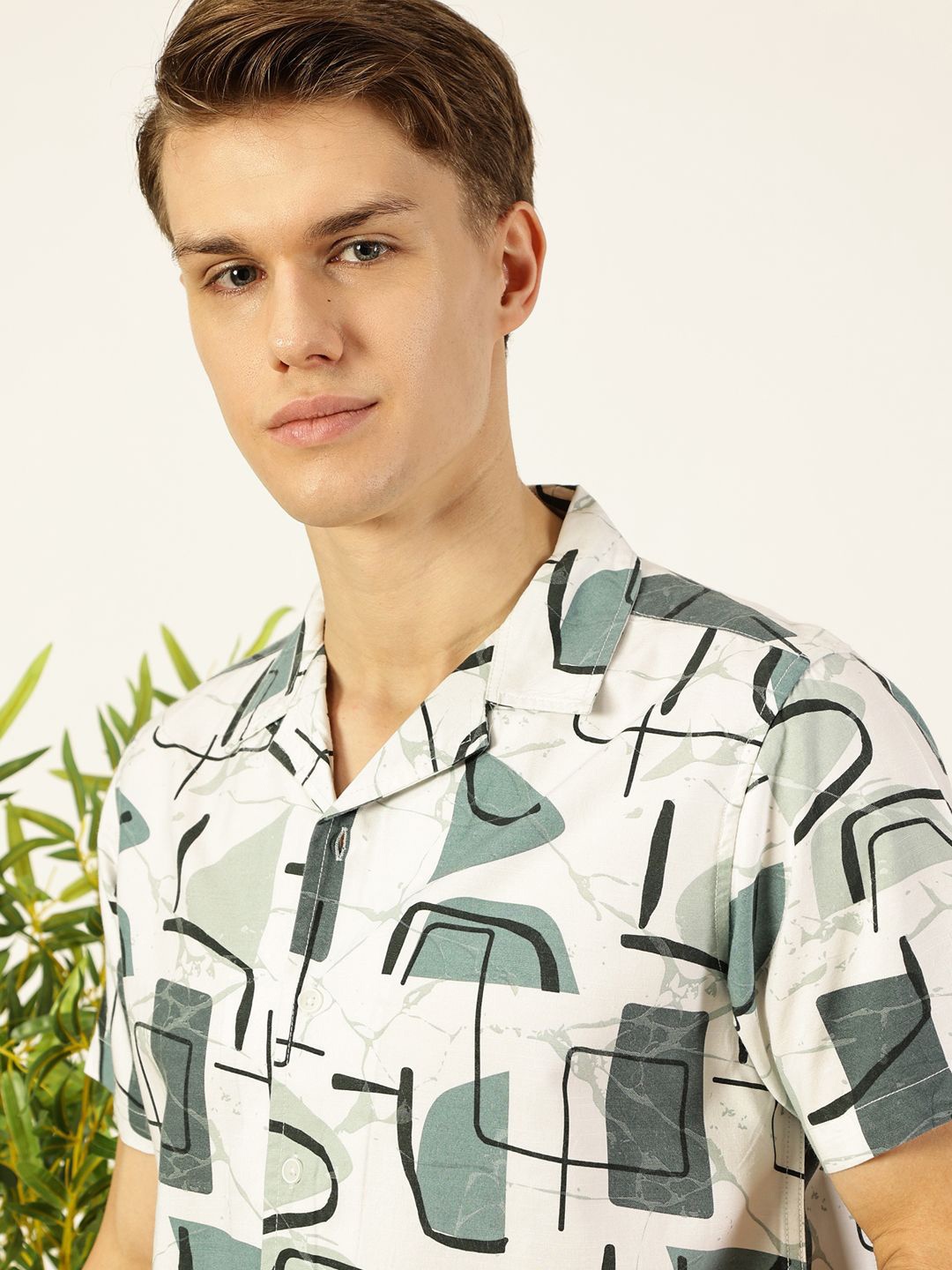 

Mast & Harbour Men Cuban Collar Abstract Printed Cotton Casual Shirt, White