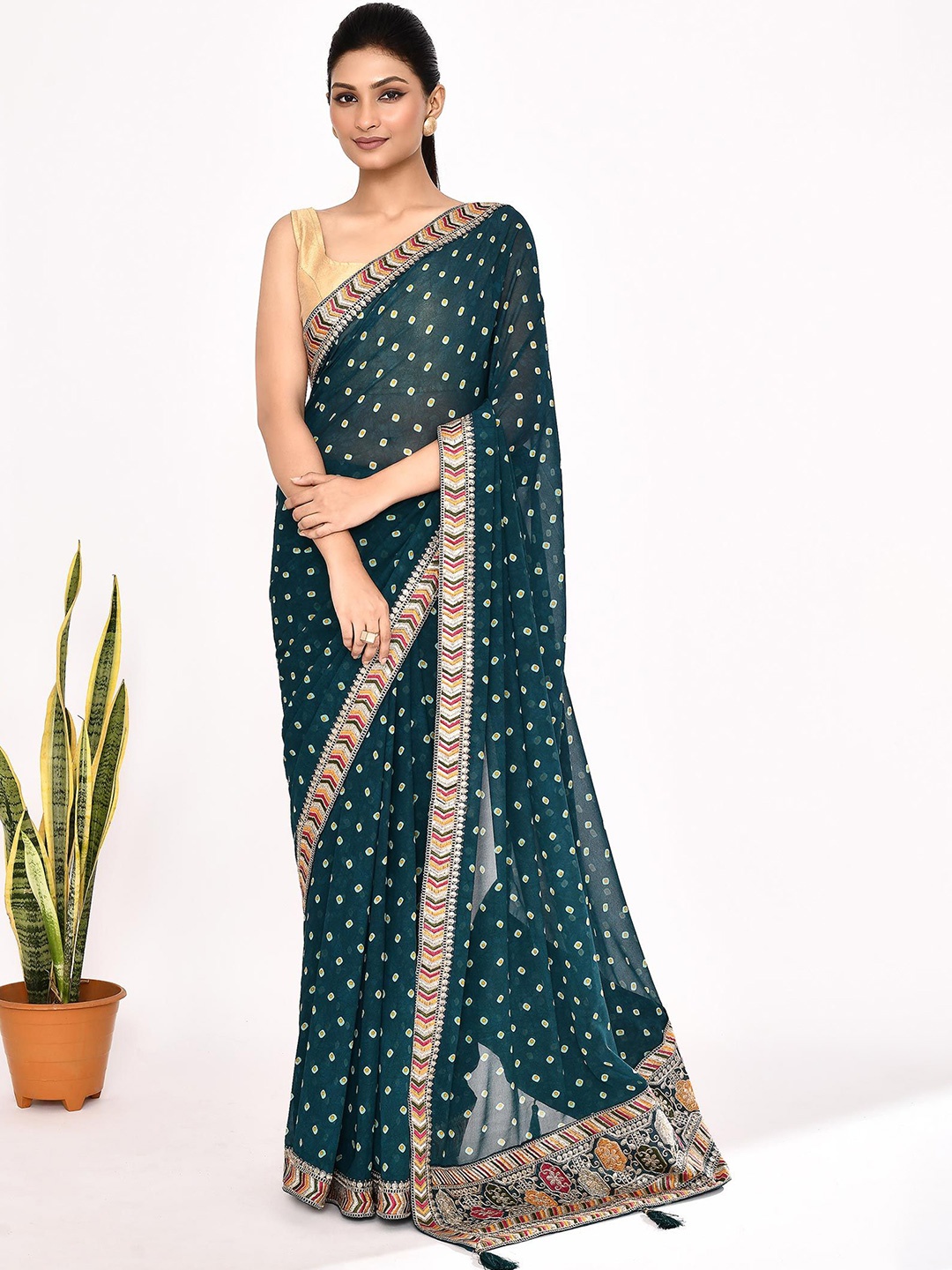

Manu Designer Bandhani Printed Embroidered Pure Georgette Saree, Blue