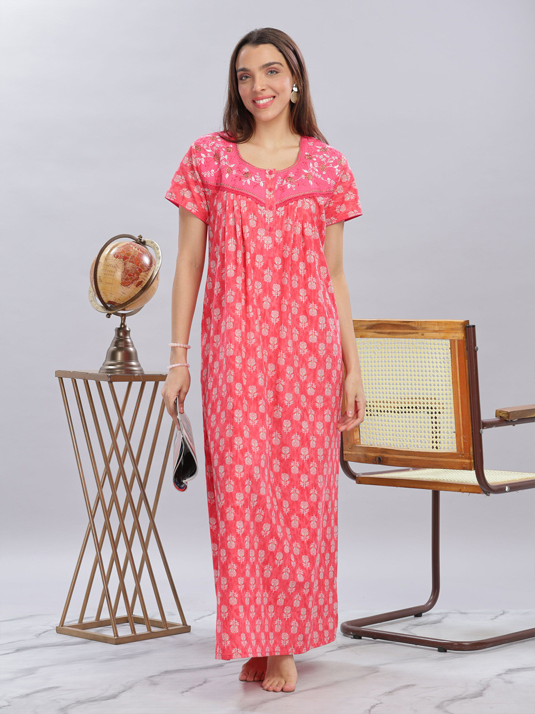 

9shines Label Floral Printed Pure Cotton Maxi Nightdress, Pink