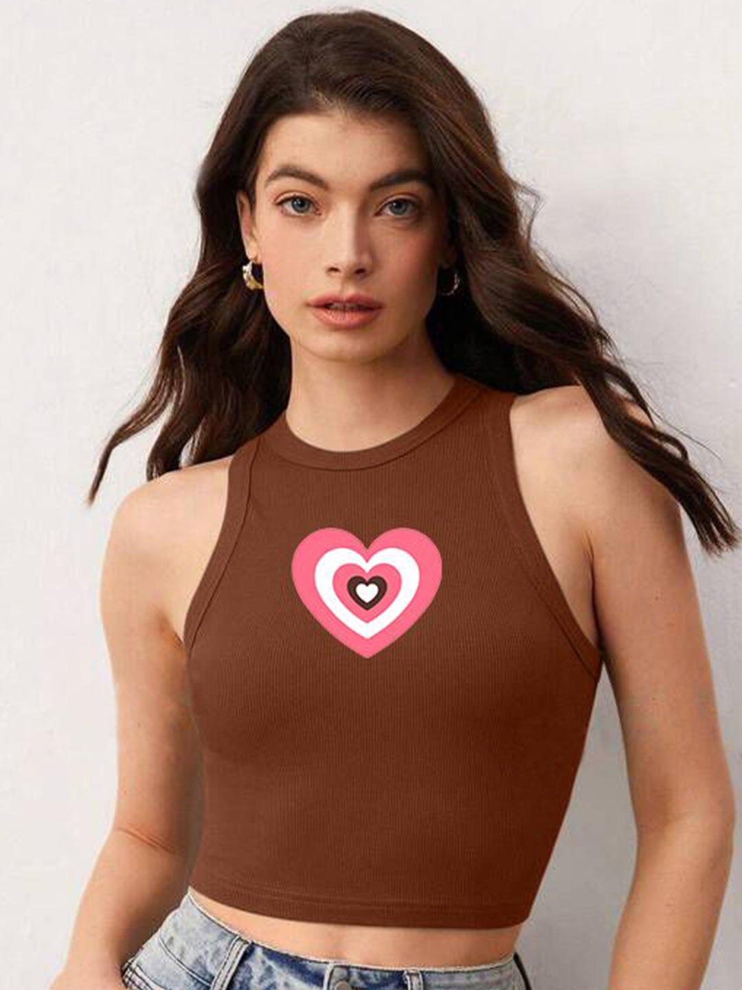 

The Roadster Lifestyle Co Printed Sleeveless Stretchable Crop Top, Brown