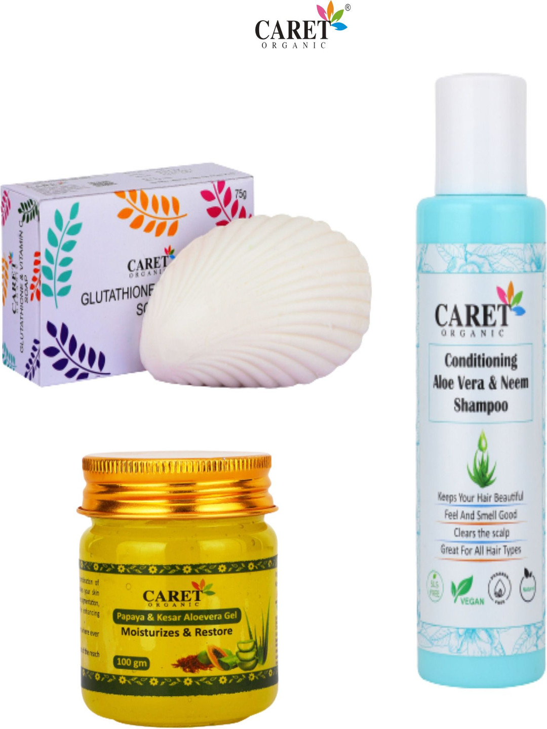 

CARET ORGANIC Set Of 3 Glutathione Vitamin C Soap With Papaya Kesar Gel & Neem Shampoo, White