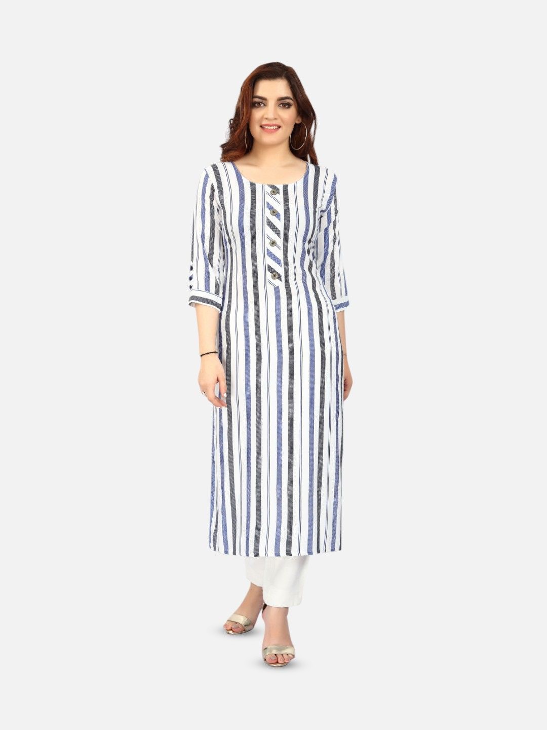 

Biyu Striped Round Neck Straight Kurta, White