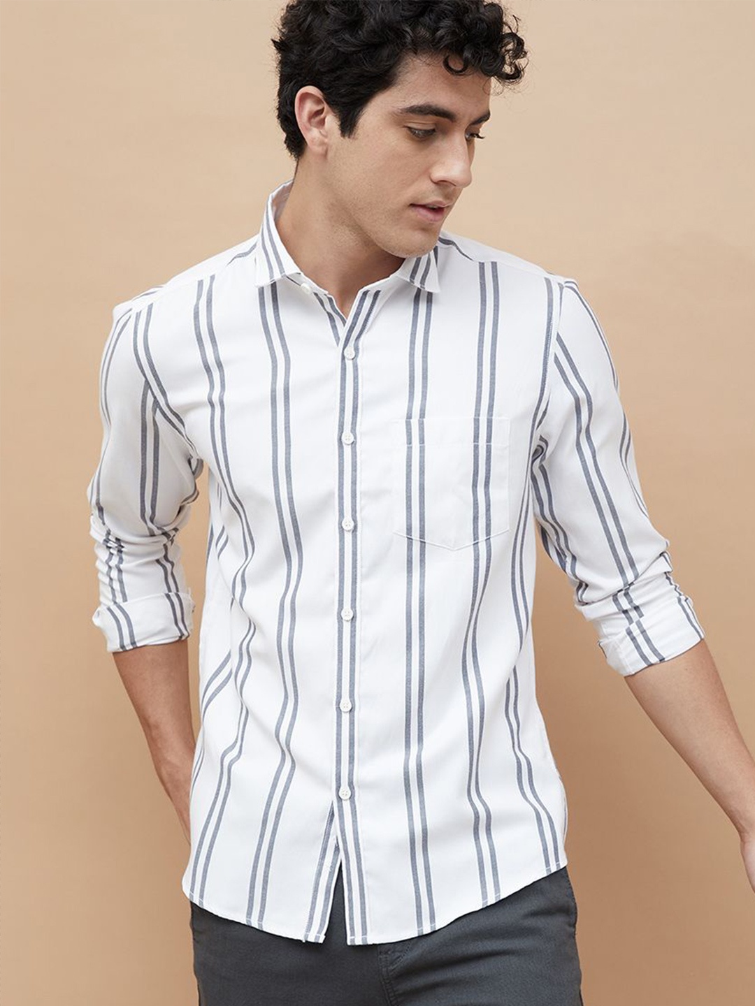

Fame Forever by Lifestyle Men Slim Fit Spread Collar Vertical Striped Cotton Casual Shirt, White