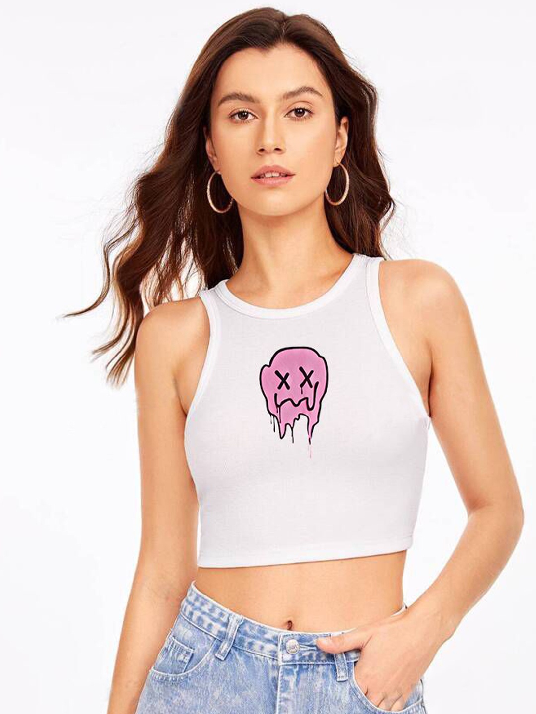 

The Roadster Lifestyle Co Printed Sleeveless Stretchable Crop Top, White