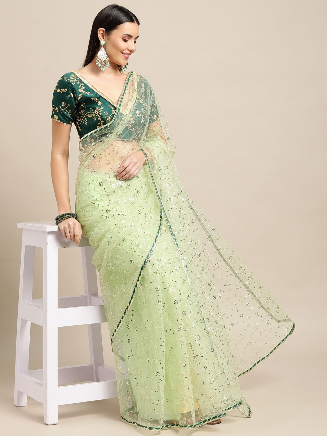 

Warthy Ent Woven Design Embroidered Fusion Saree, Green