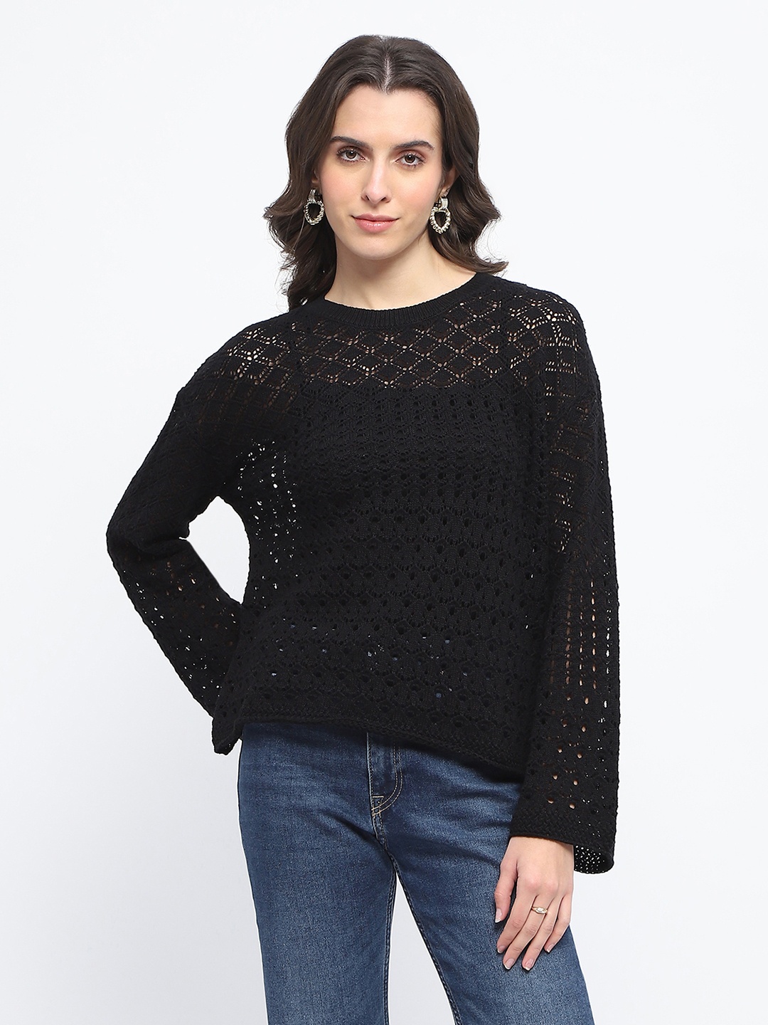 

Madame Women Self Design Pullover Open Knit Acrylic Sweaters, Black