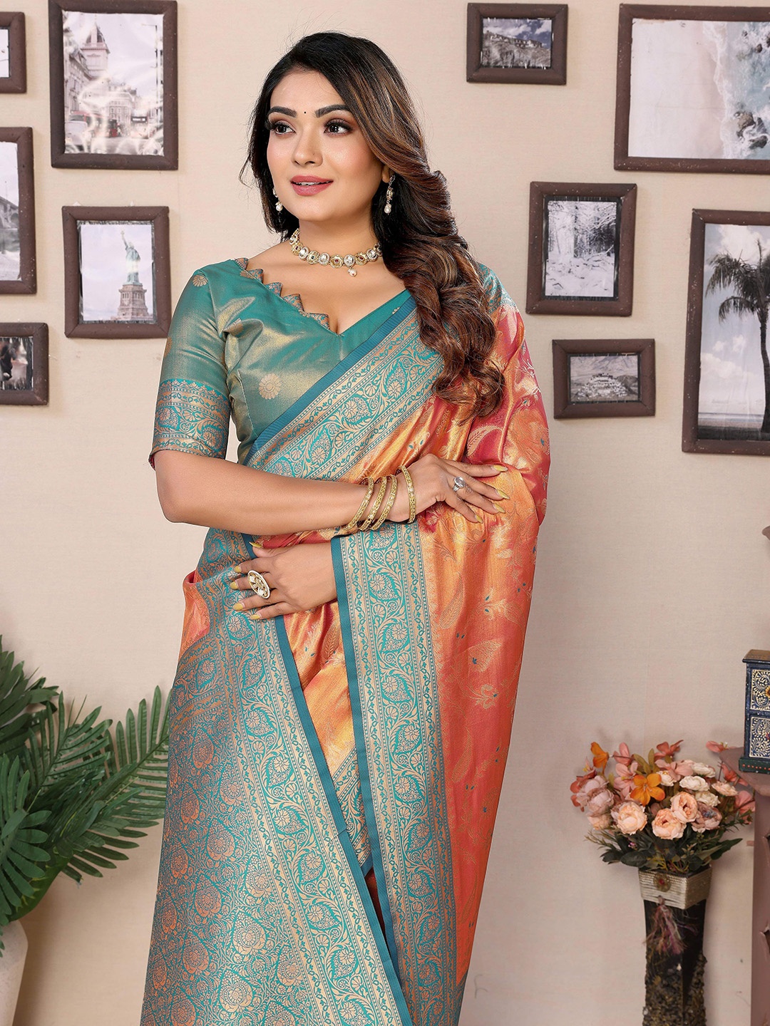 

Vintro Woven Design Tissue Designer Banarasi Saree, Teal