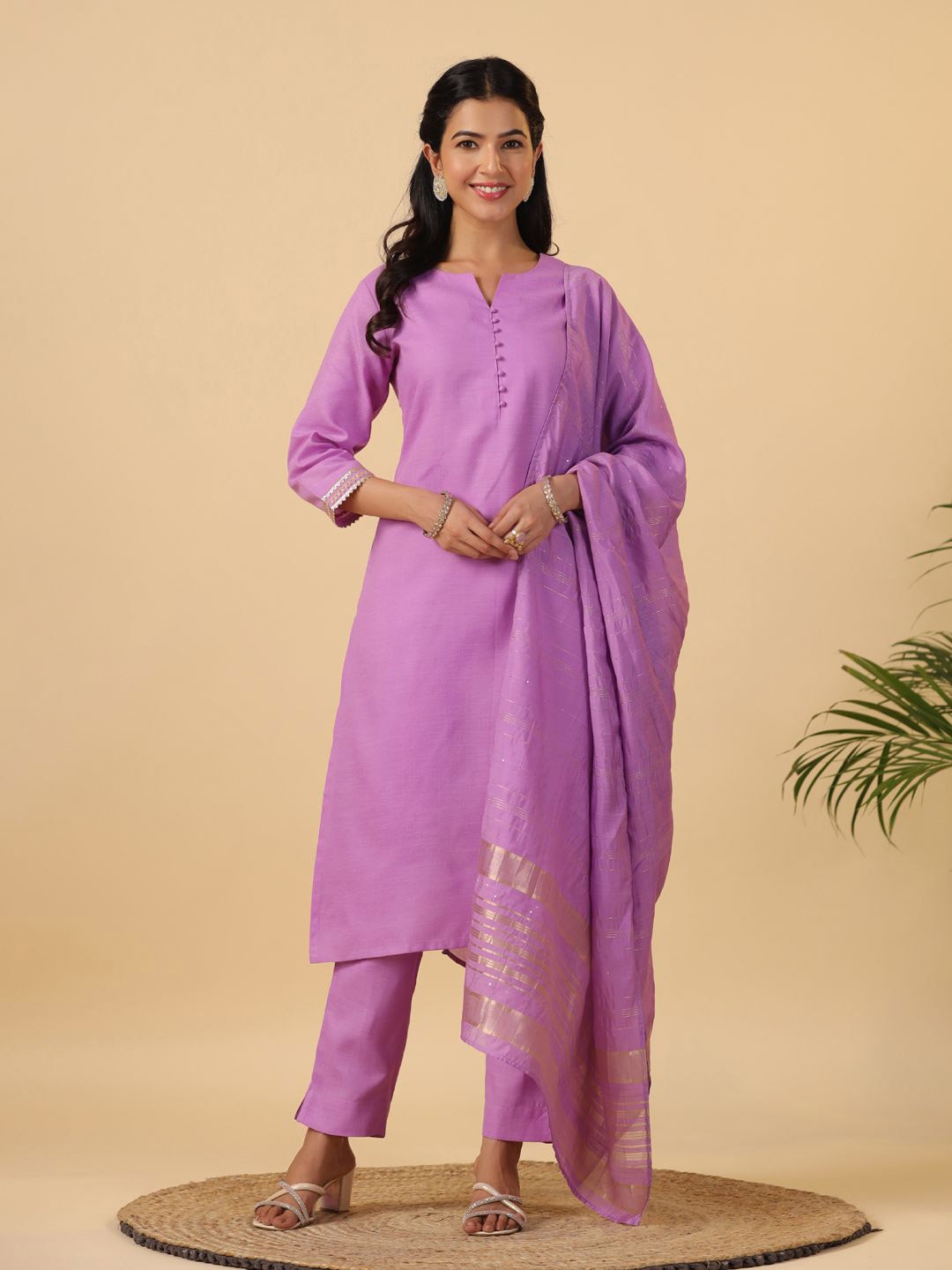 

Janasya Women Regular Pure Cotton Kurta with Trousers & With Dupatta, Lavender