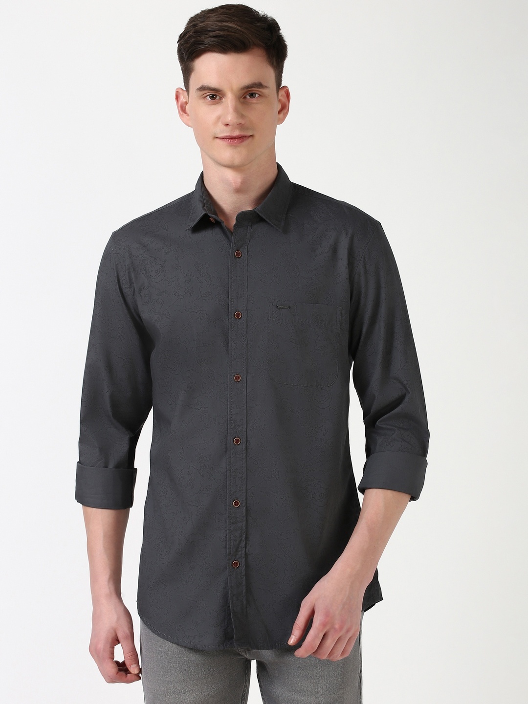 

Peter England Casuals Men Slim Fit Opaque Printed Casual Shirt, Charcoal