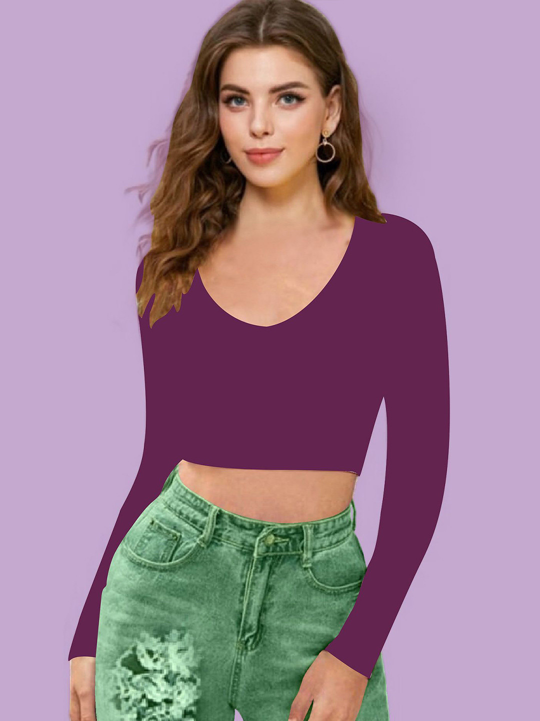 

Dream Beauty Fashion Women V-Neck Long Sleeves Fitted Crop Top, Purple
