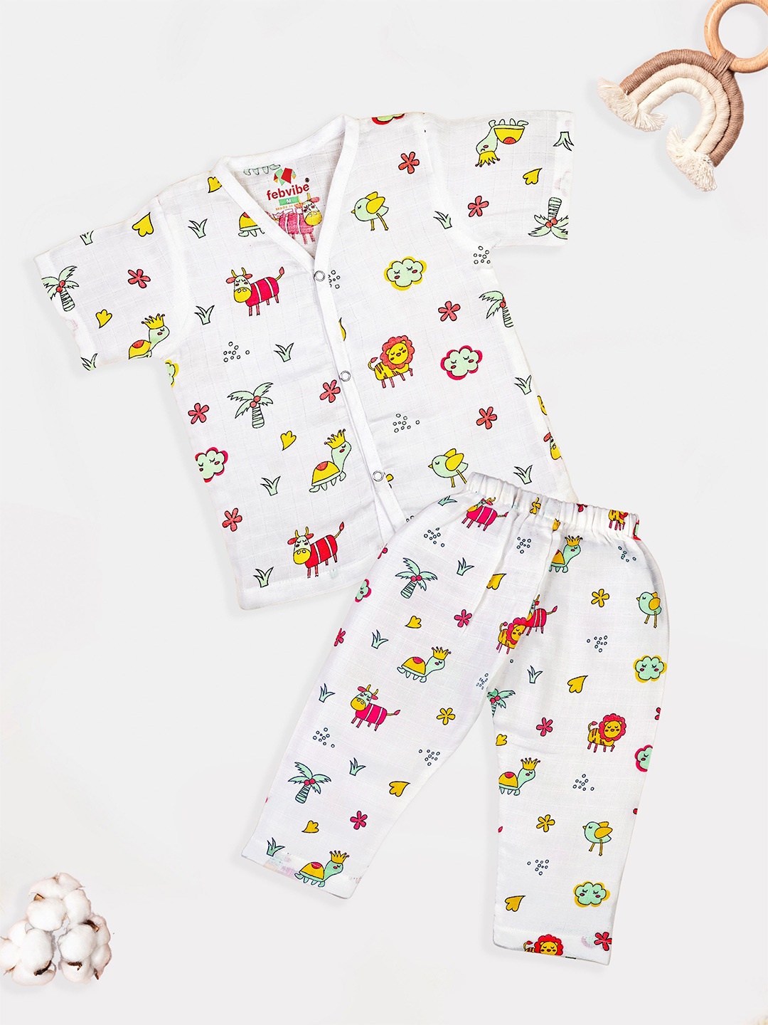 

FEBVIBE Girls Printed Organic Cotton Shirt With Pyjama, White