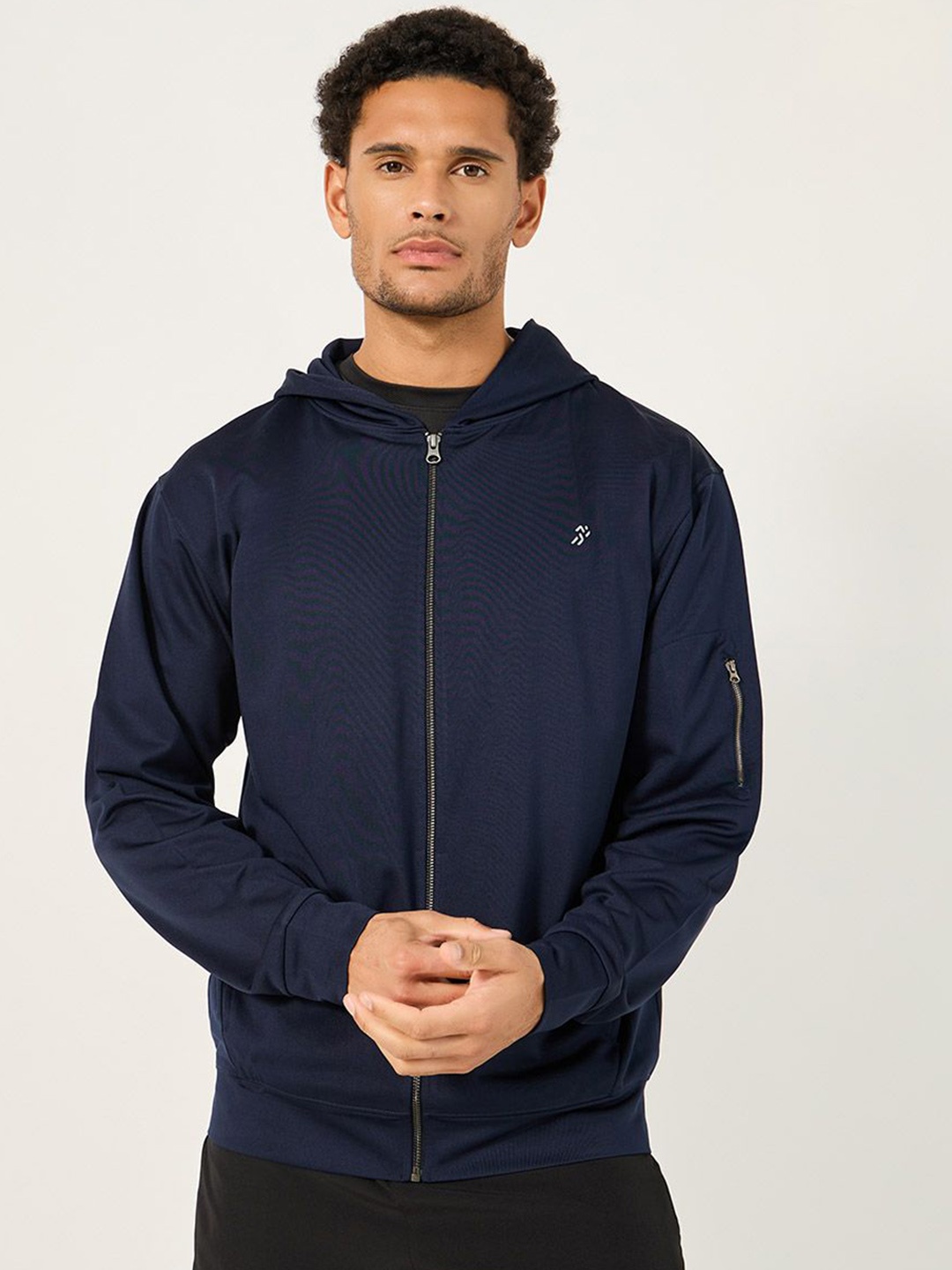 

Styli Hooded Training Jacket with Sleeve Zipper Detail, Navy blue