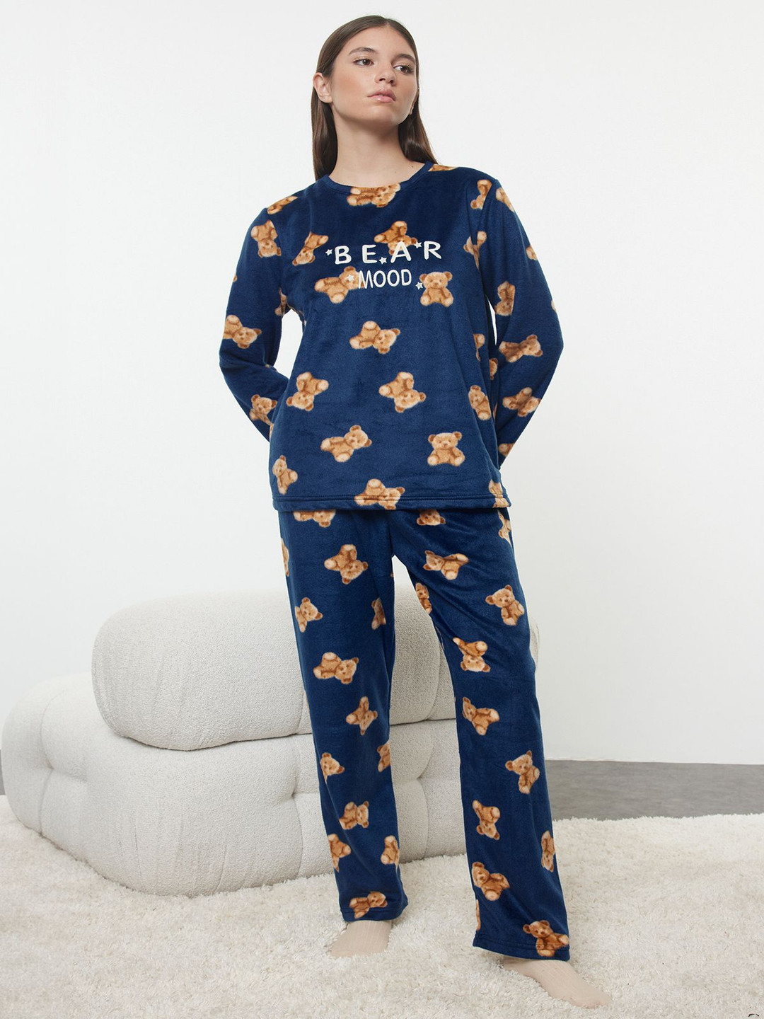 

Trendyol Women Conversational Printed Night suit, Navy blue