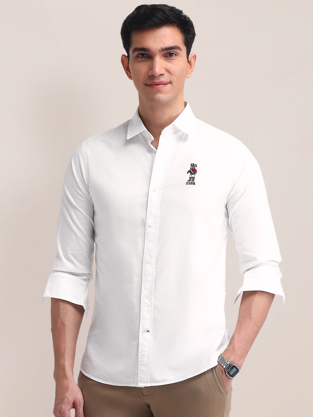 

U.S. Polo Assn. Men Spread Collar Solid Cotton Casual Shirt, White