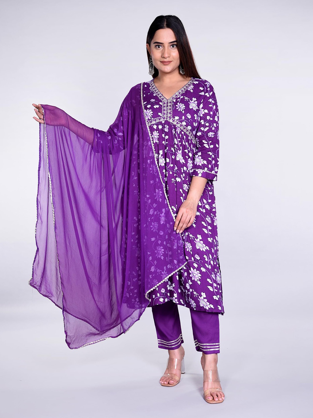 

13-Star Floral Printed V-Neck Sequinned Empire Anarkali Kurta With Trousers & Dupatta, Purple