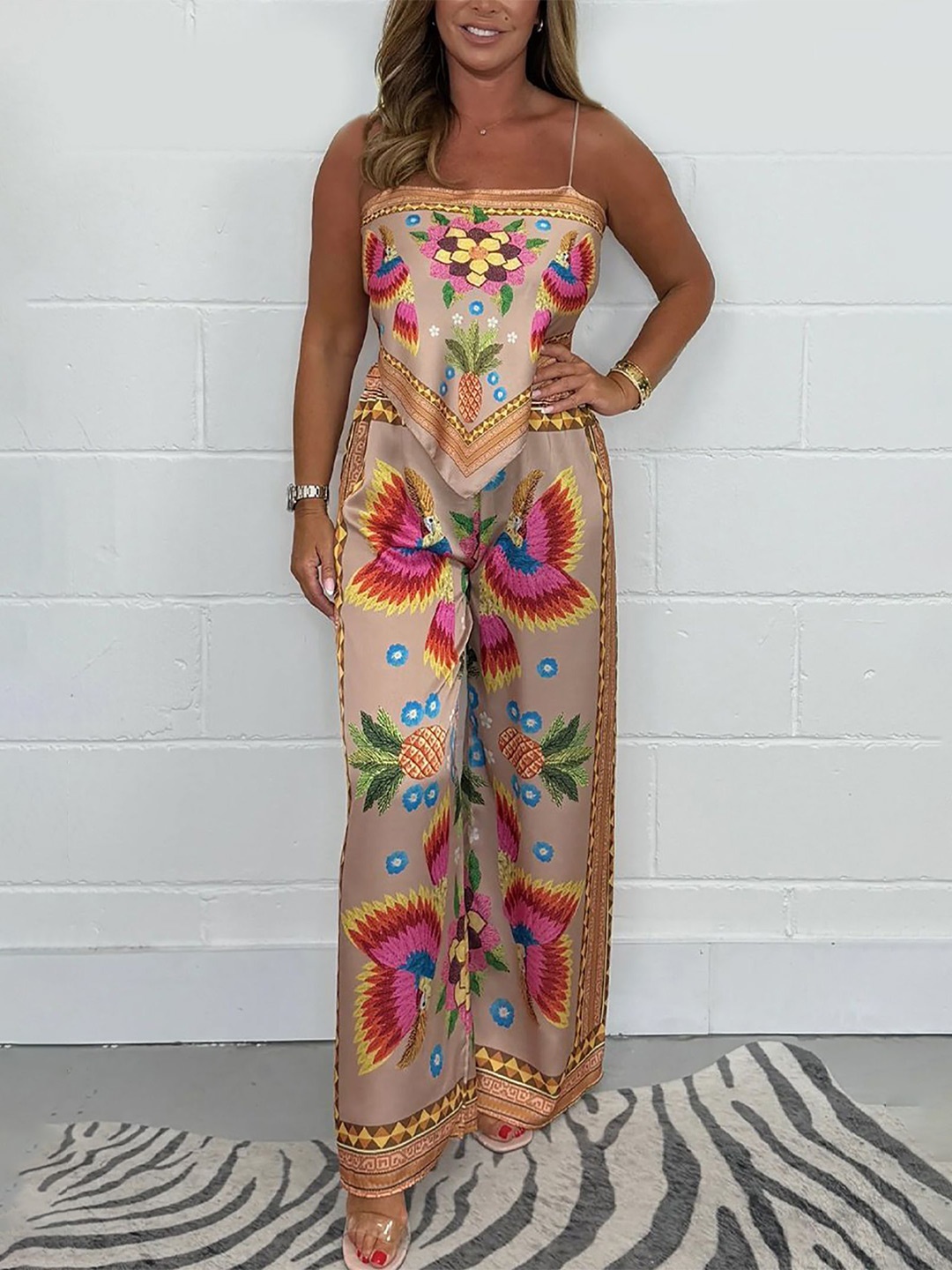 

StyleCast x Revolte Printed Shoulder Straps Top & Palazzo, Beige