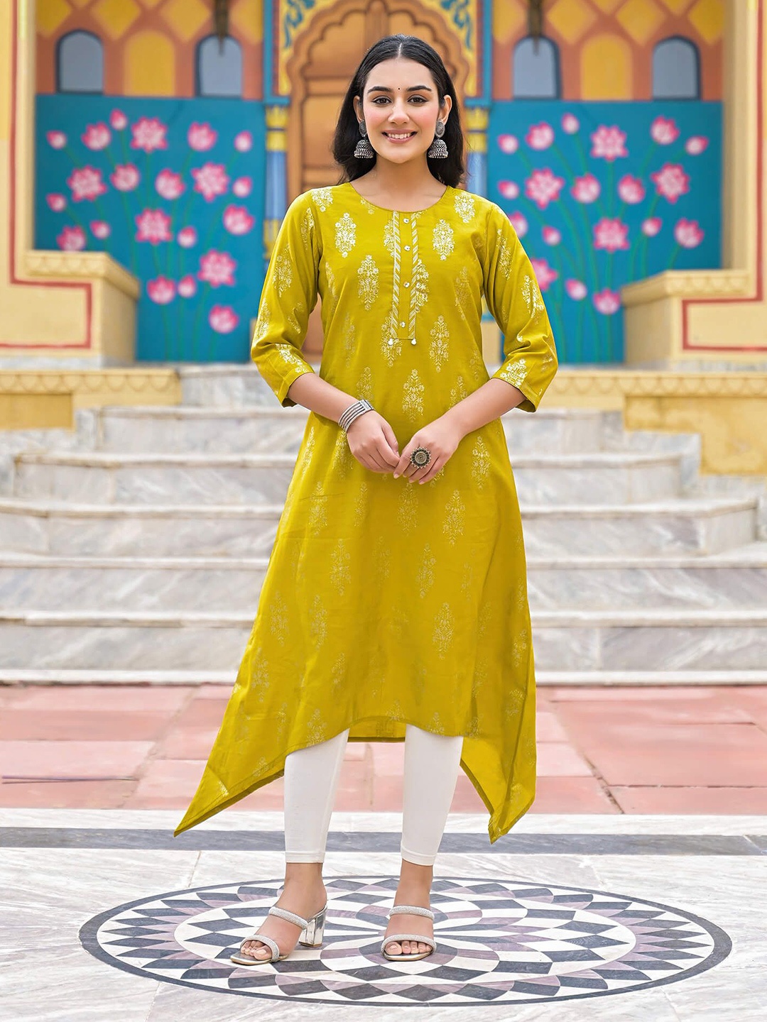 

SHIFORY Floral Woven Design Round Neck Sequinned A-Line Kurtas, Yellow