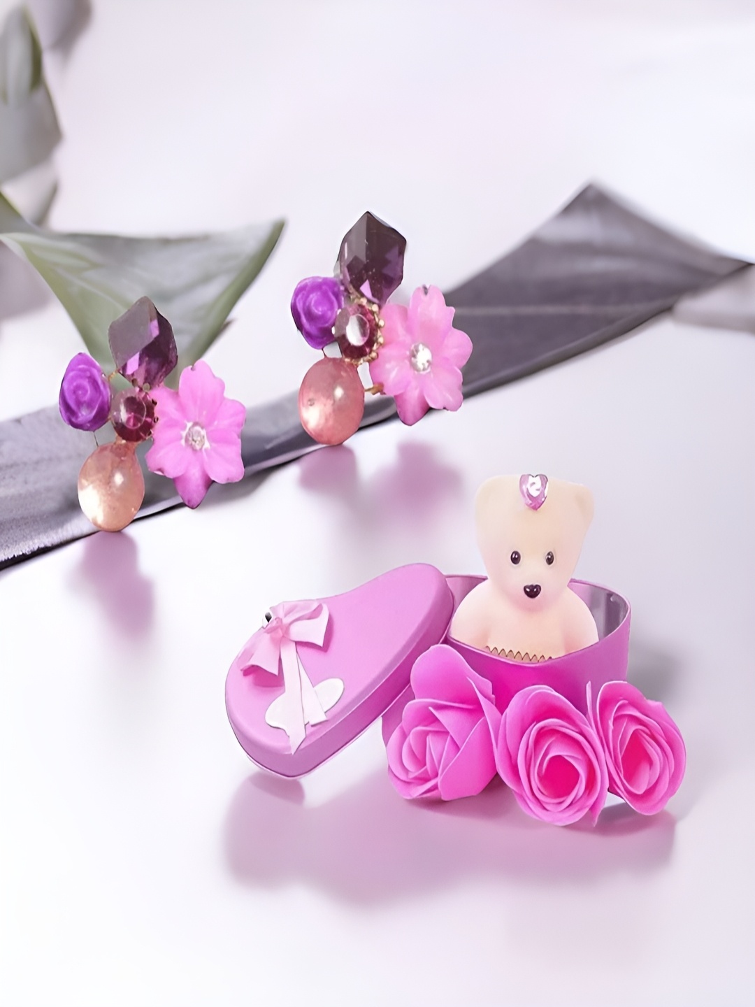 

UNIVERSITY TRENDZ Pink & Purple Stud Earring With Pink Teddy Bear Gift Set