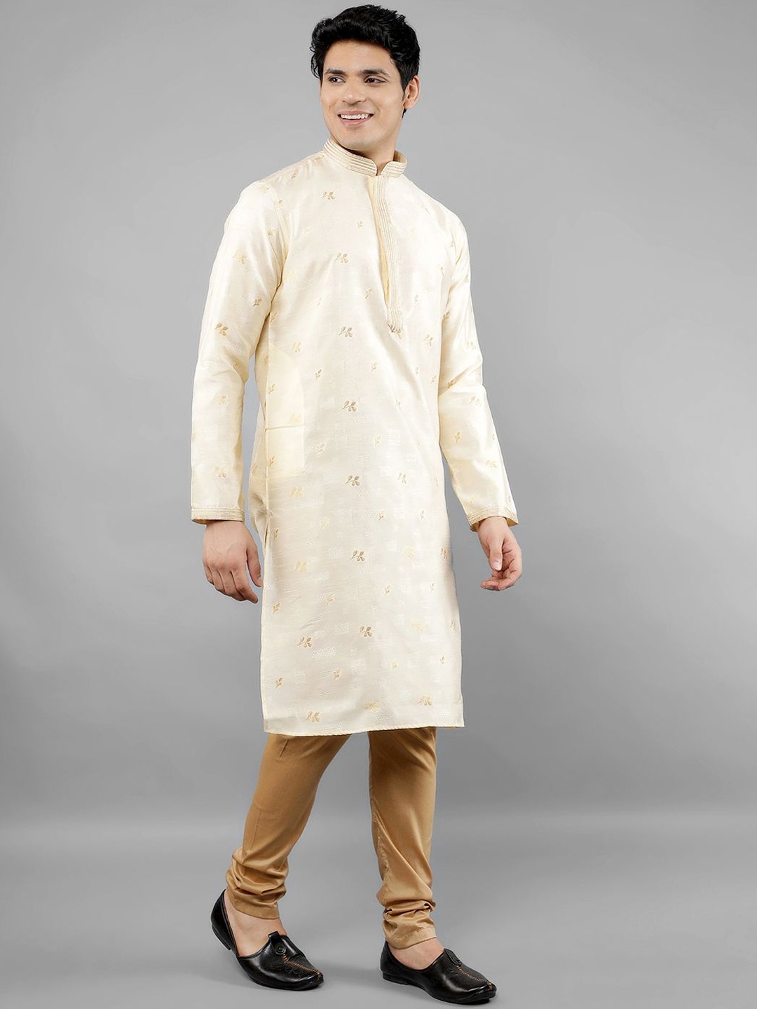 

Manish Creations Jacquard Woven Design Embroidered Mandarin Collar Kurta with Churidar, Off white