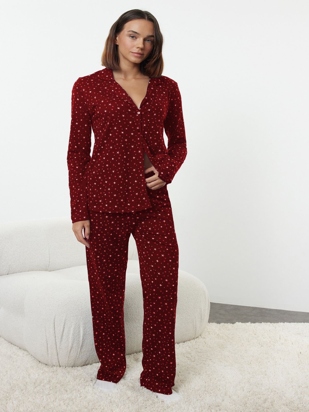 

Trendyol Women Geometric Printed Pure Cotton Night suit, Maroon