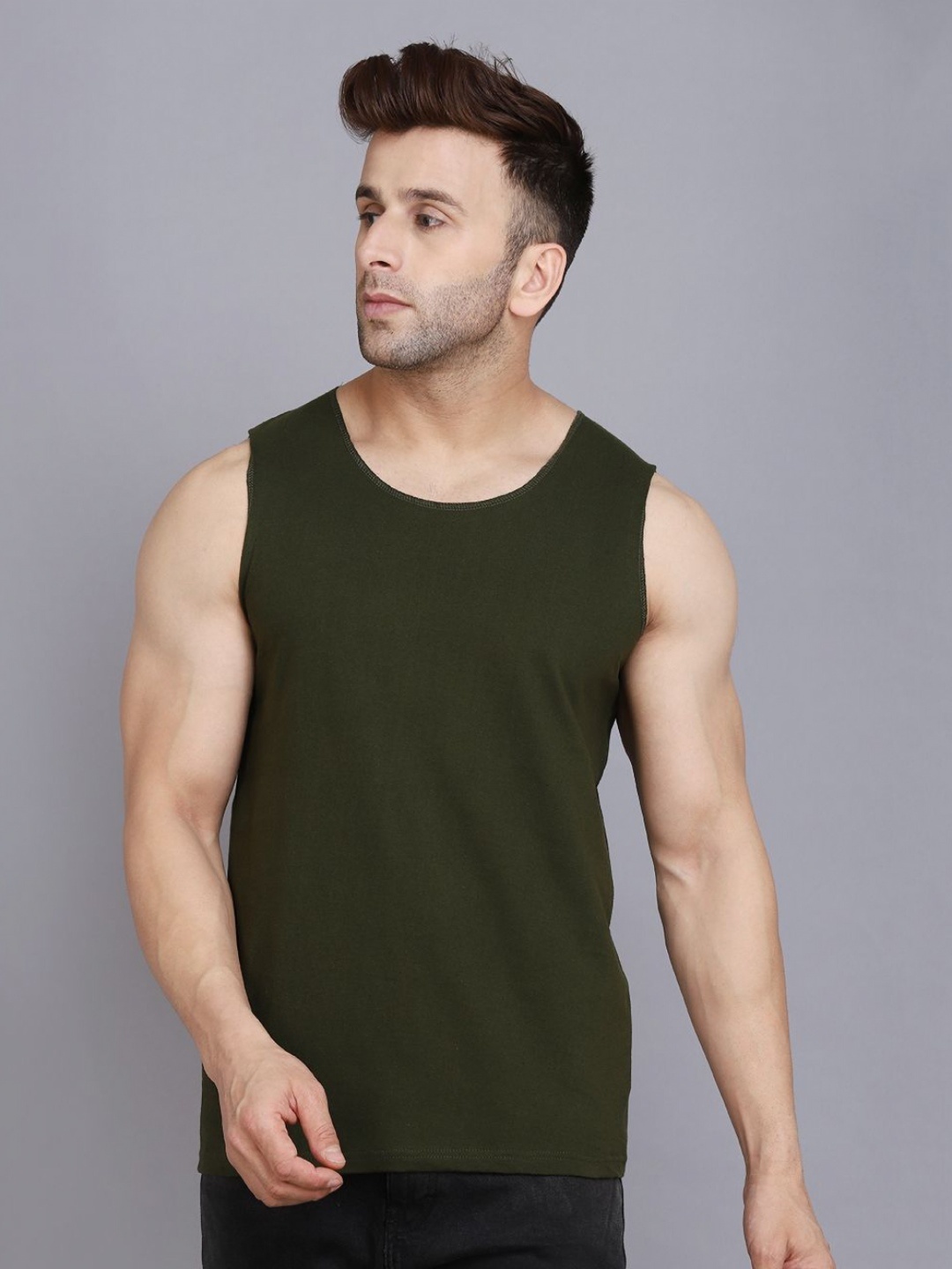 

WOOSTRO Men Pack Of 2 Solid Round Neck Cotton Slim Fit T-shirts, Olive