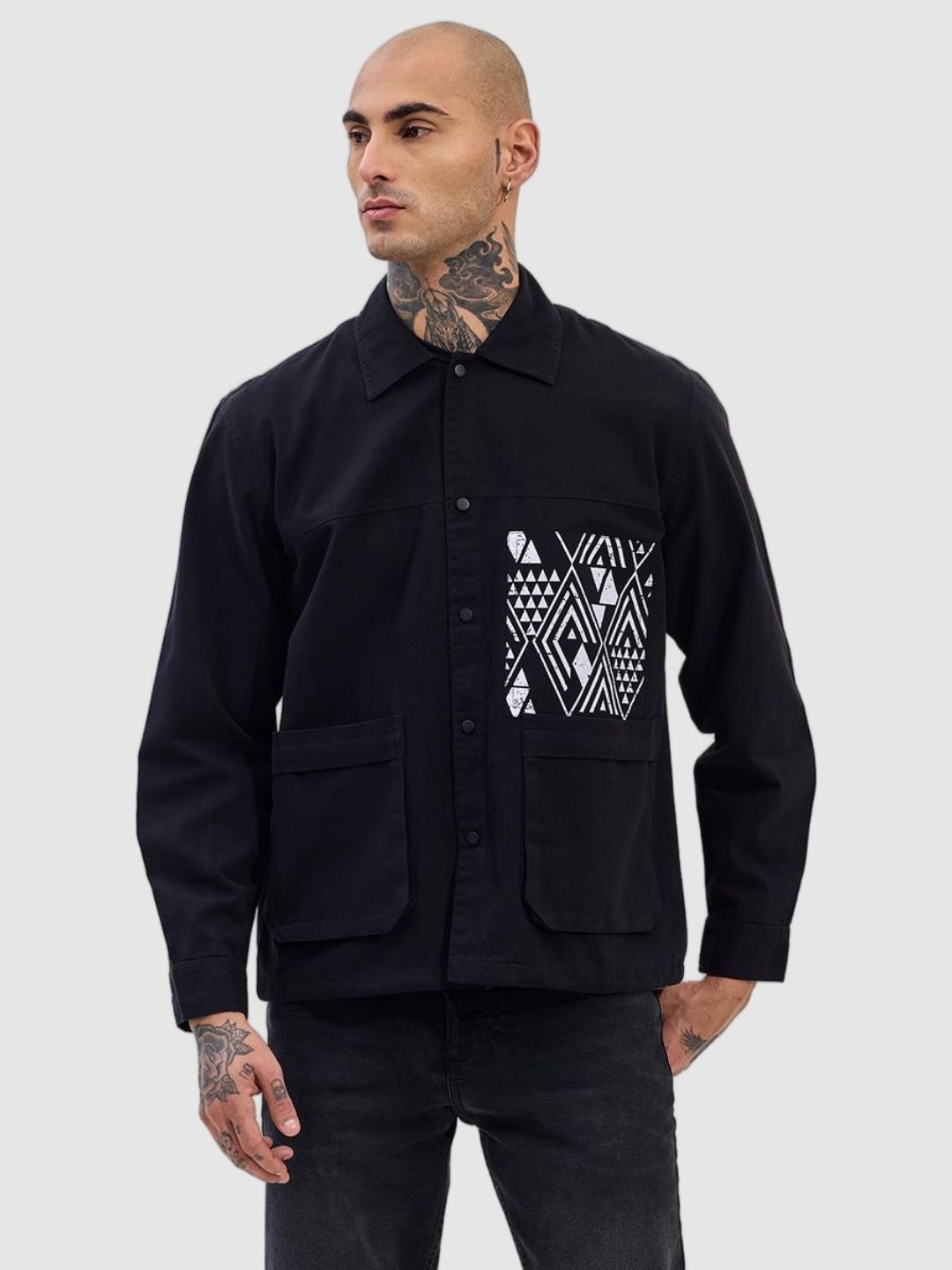 

Snitch Men Spread Collar Geometric Printed Cotton Casual Tailored Jacket, Black