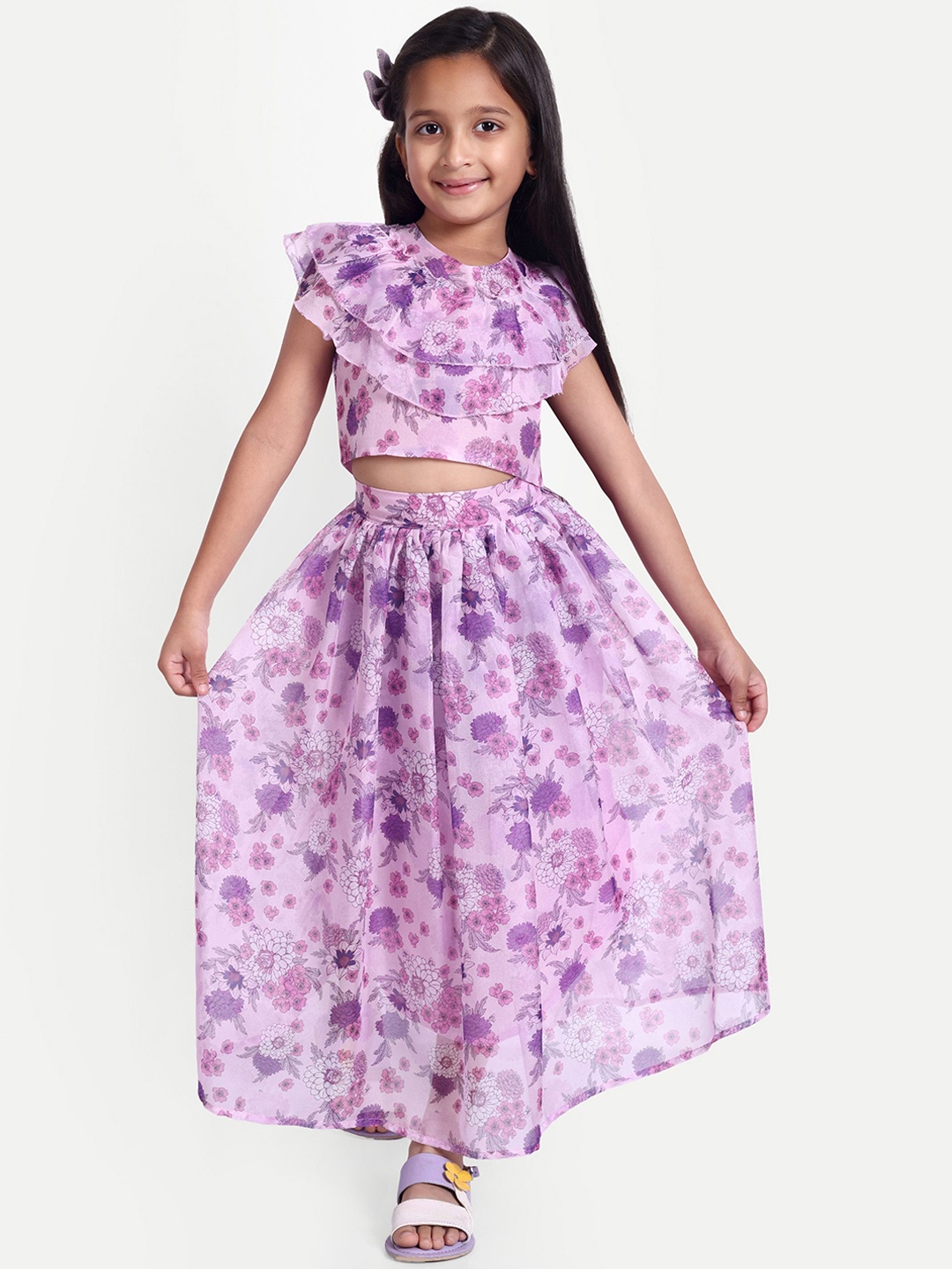 

FEBVIBE Girls Printed Round Neck Georgette Top With Skirt, Purple