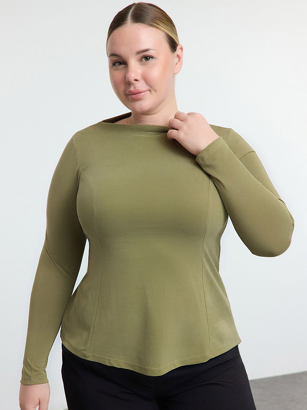 

Trendyol Plus Size Boat Neck A-Line Top, Olive