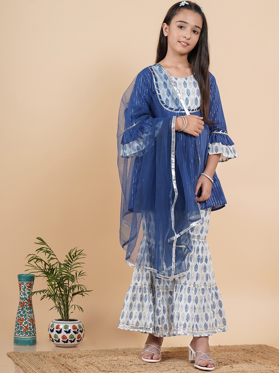 

TUNIYA Girls Floral Printed Cotton Blend Gotta Patti Anarkali Kurta With Sharara & Dupatta, Blue
