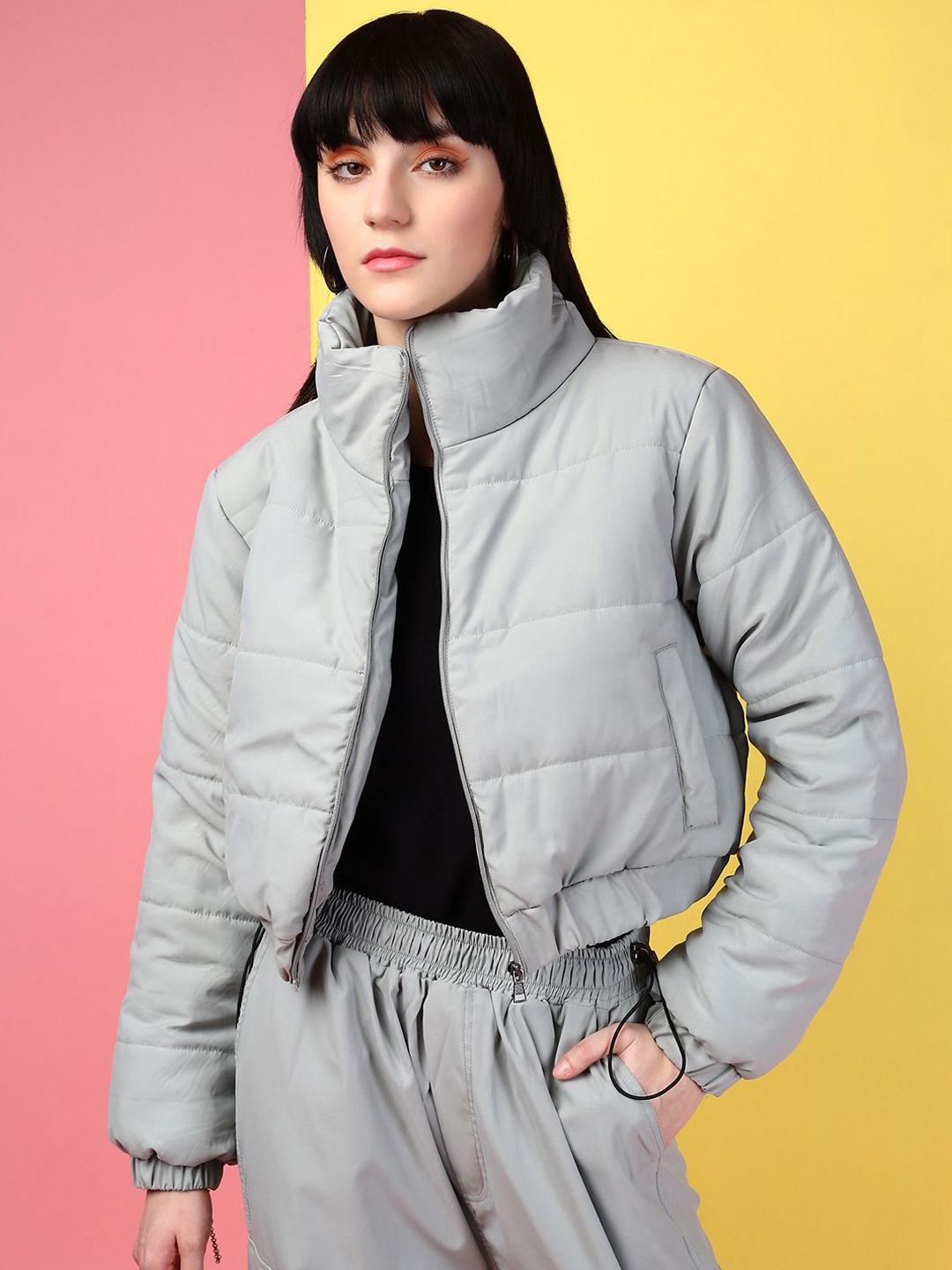 

VOXATI Women Puffer Jacket with Patchwork, Grey
