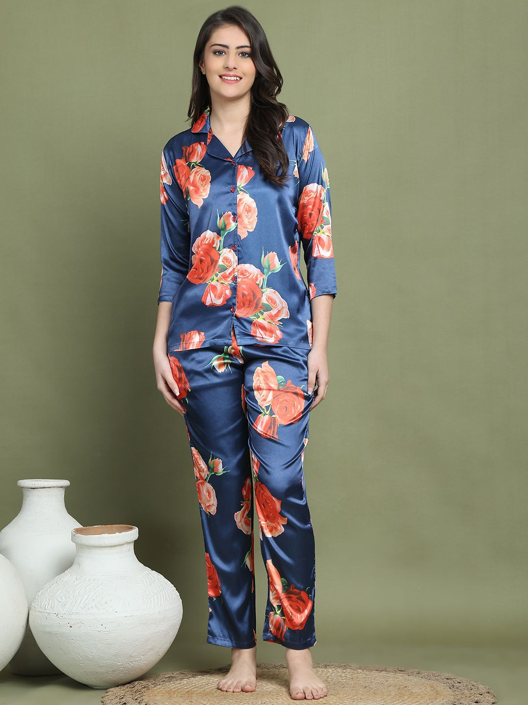 

Claura Women Printed Satin Nightsuit, Blue