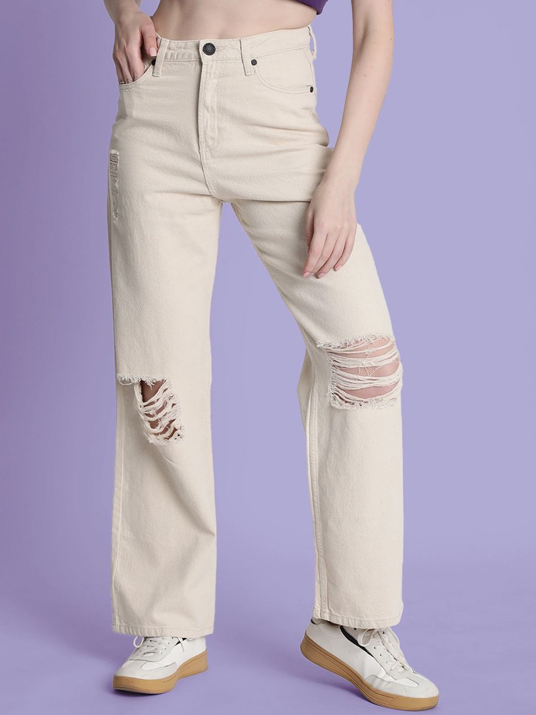 

Bene Kleed Women Ecru Relaxed Fit Cotton High-Rise Slash Knee Jeans, Beige