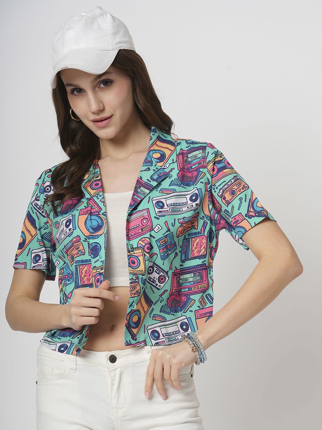 

ZESTX Women Cuban Collar Conversational Printed Casual Shirt, Sea green