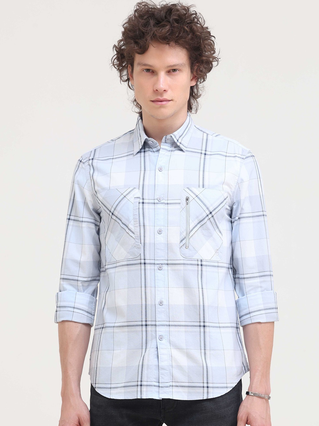 

Grit and Flair Men Comfort Fit Spread Collar Tartan Checked Cotton Casual Shirt, Blue