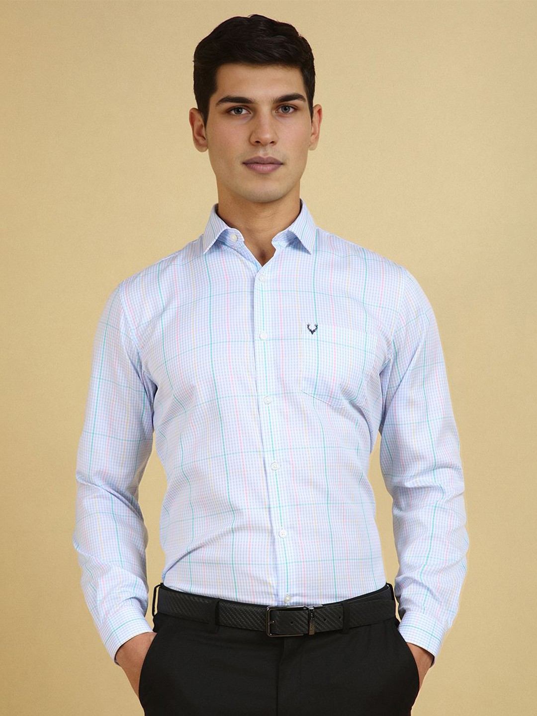 

Allen Solly Men Slim Fit Spread Collar Checked Cotton Formal Shirt, Blue