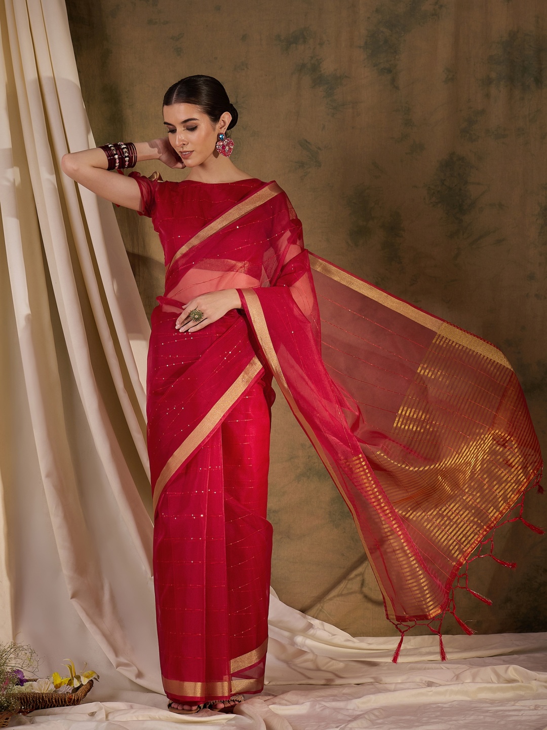 

KIMISHA Embroidered Embellished Zari Organza Saree, Red