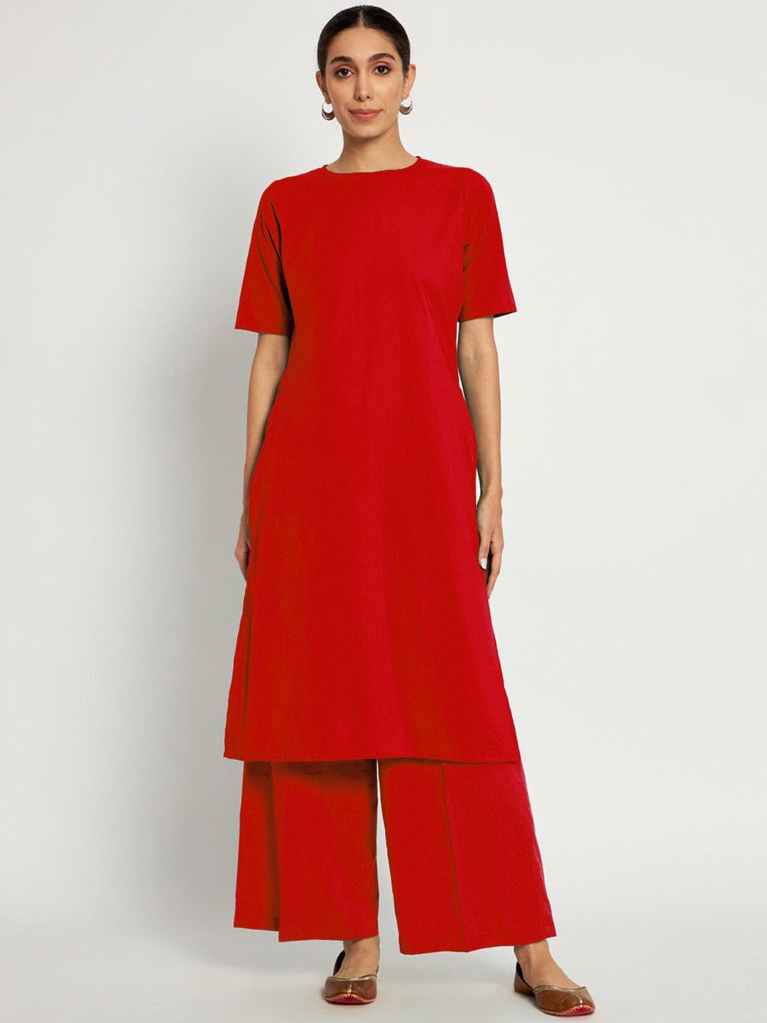 

Thevasa Round Neck Pure Cotton Long Tunic With Trousers, Red