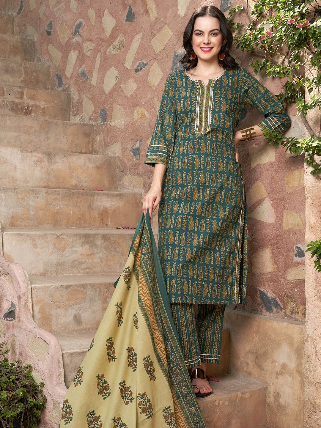 

Sangria Olive Paisley Printed Notch-Neck Pure Cotton Straight Kurta With Trouser & Dupatta