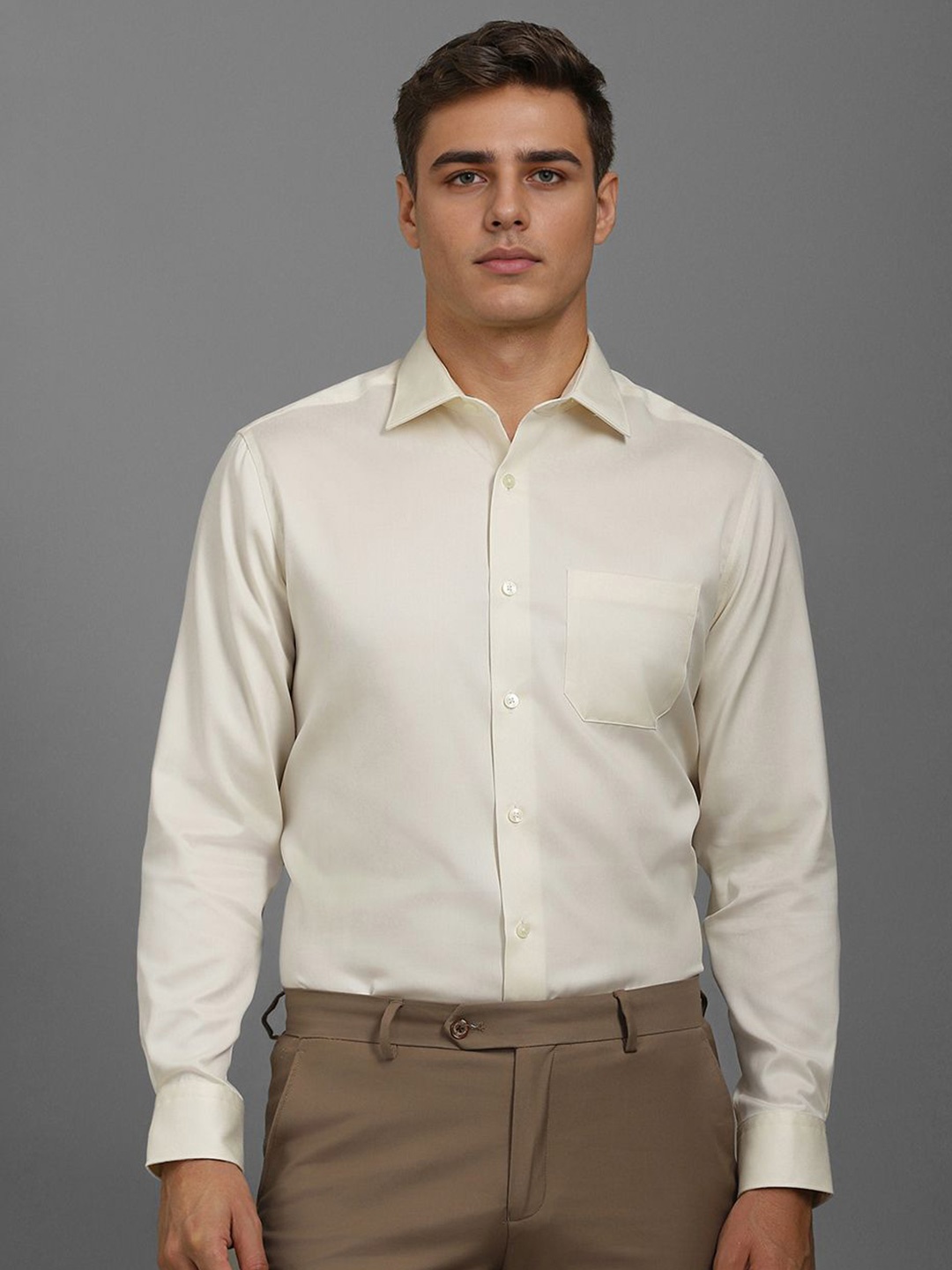 

Louis Philippe Men Classic Fit Spread Collar Solid Cotton Formal Shirt, Cream