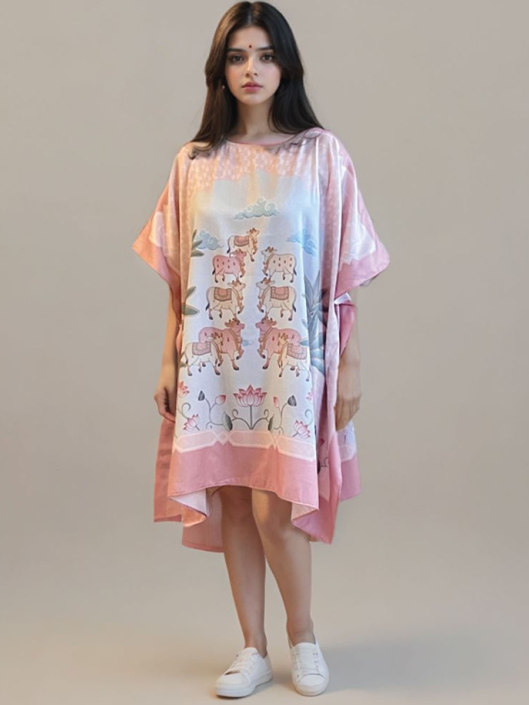 

MAATIR DESIGNS Ethnic Motifs Printed Round Neck Pichwai Silk Kaftan Dress, Pink