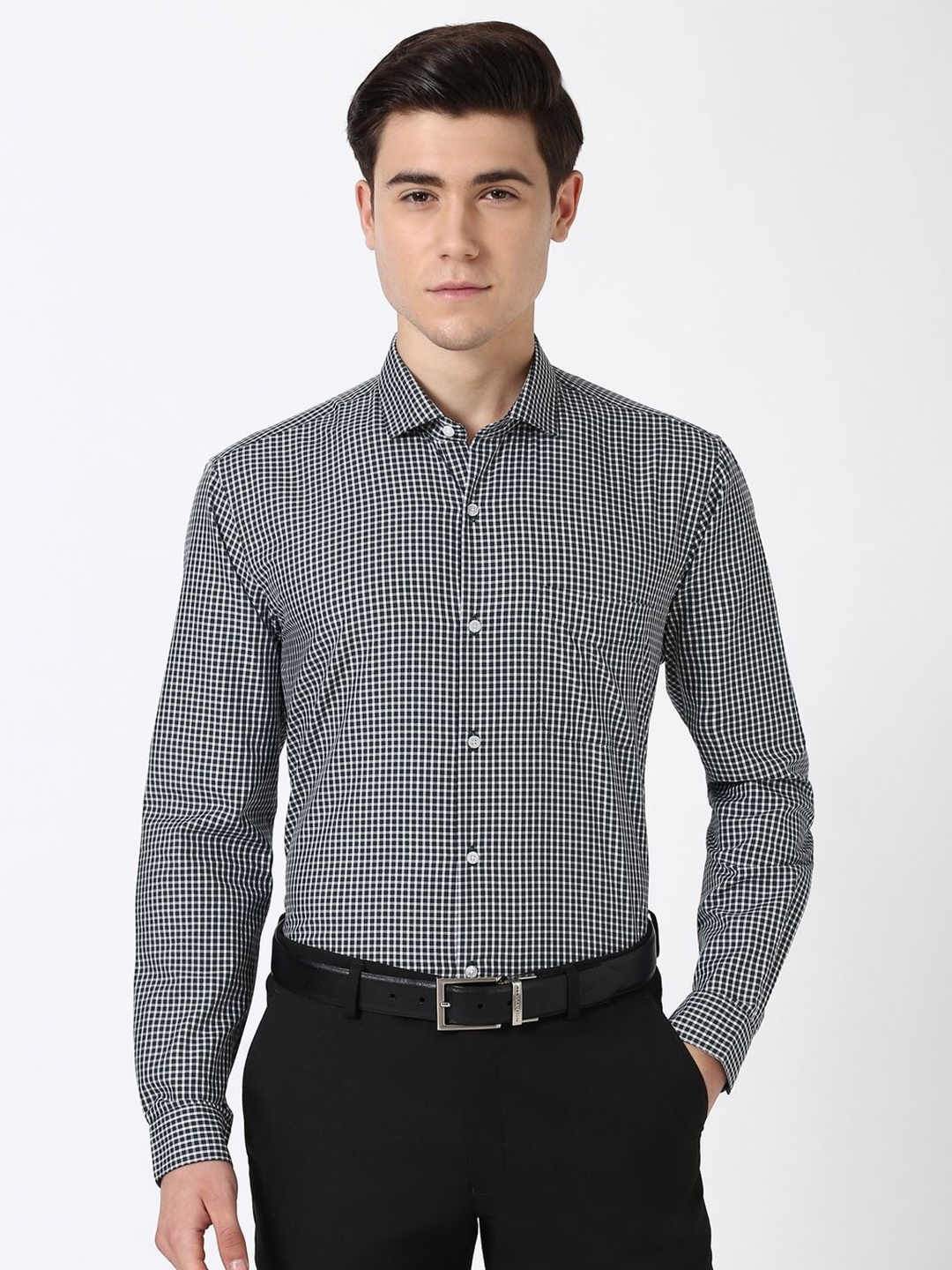 

Peter England Men Spread Collar Micro Checked Cotton Formal Shirt, Black