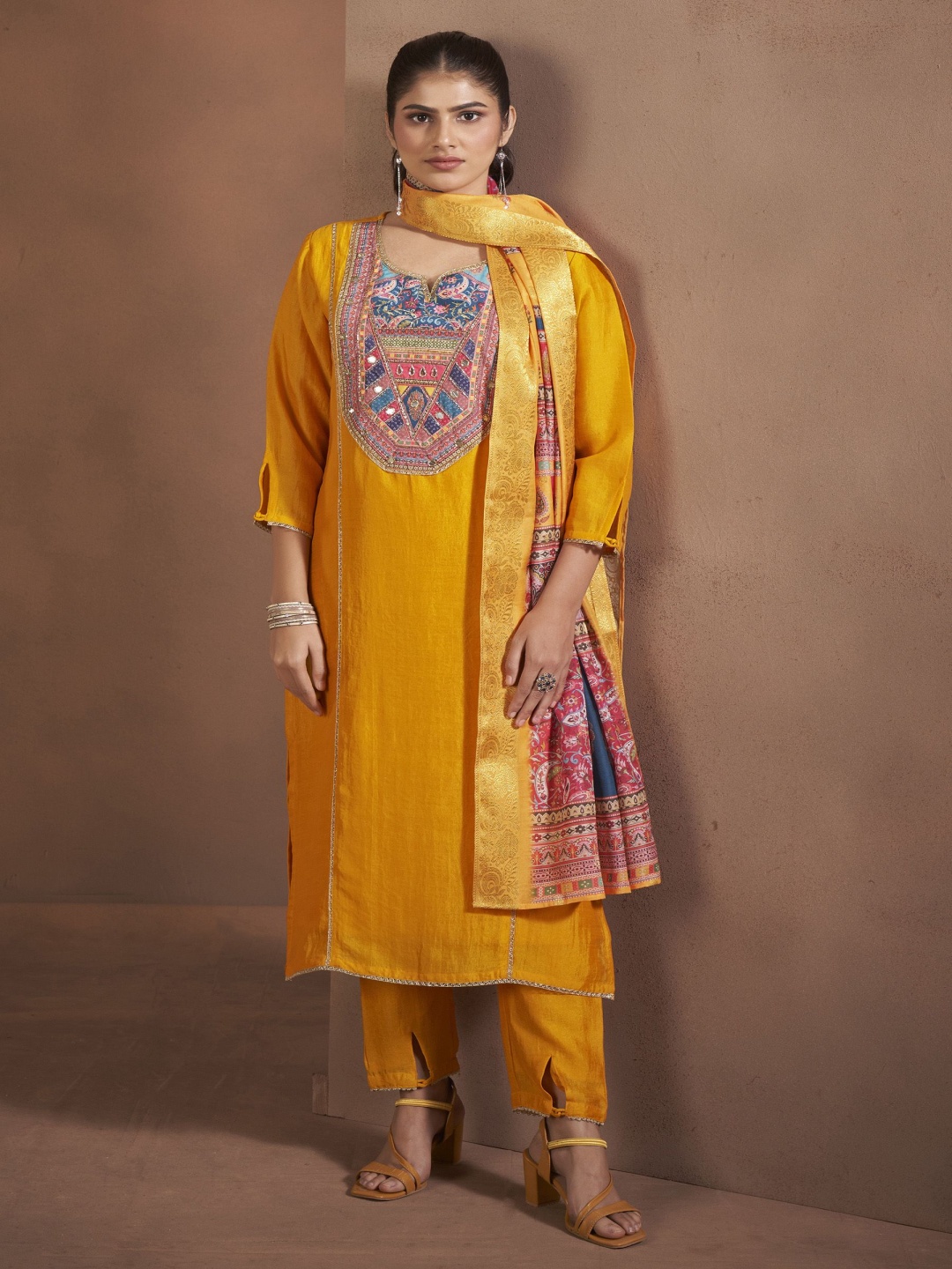 

Anouk Mustard Yellow Yoke Design Notch Neck Straight Kurta With Trousers & Dupatta