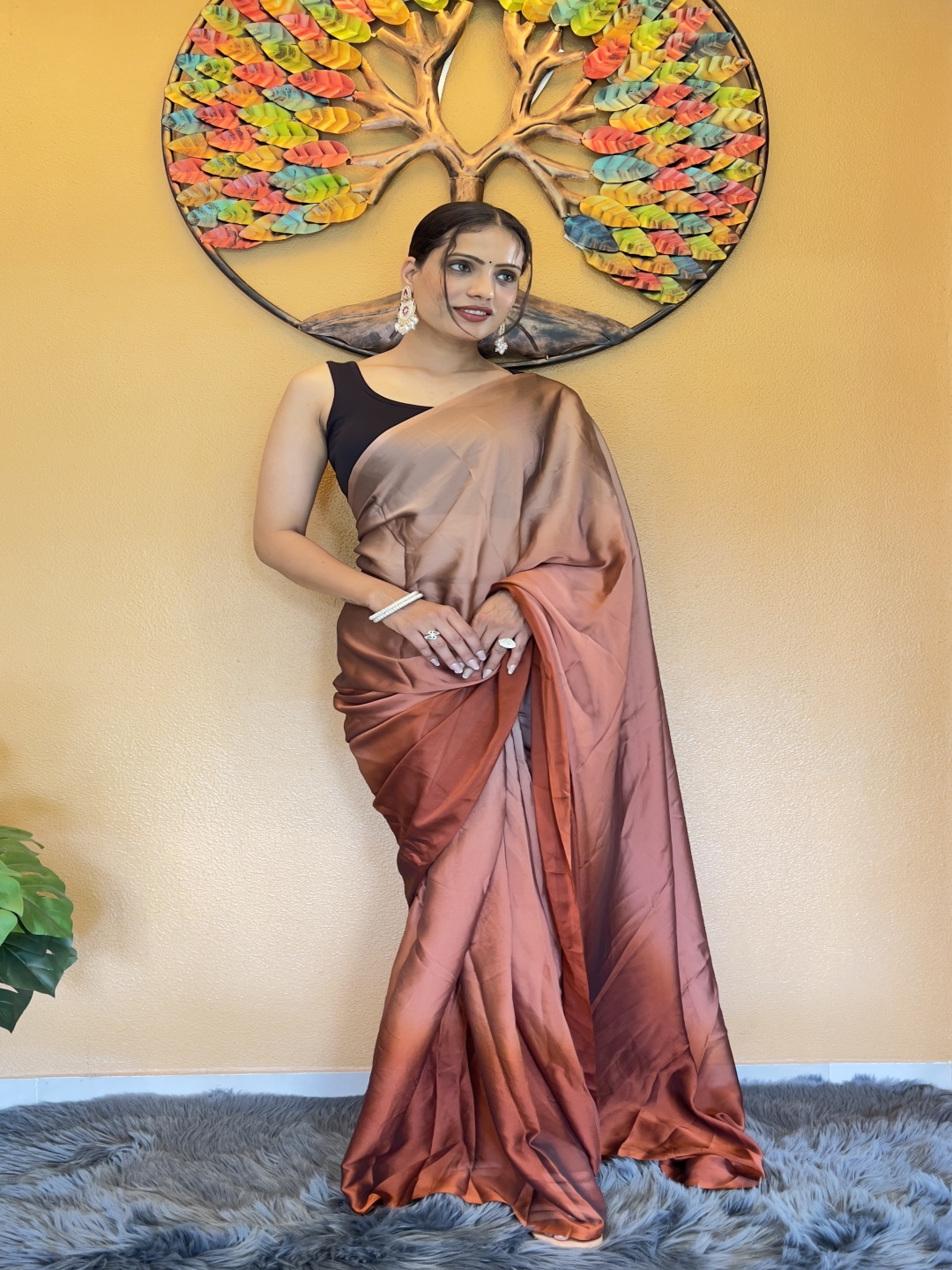 

ZIBLON Ombre Pure Chiffon Ready to Wear Saree, Brown