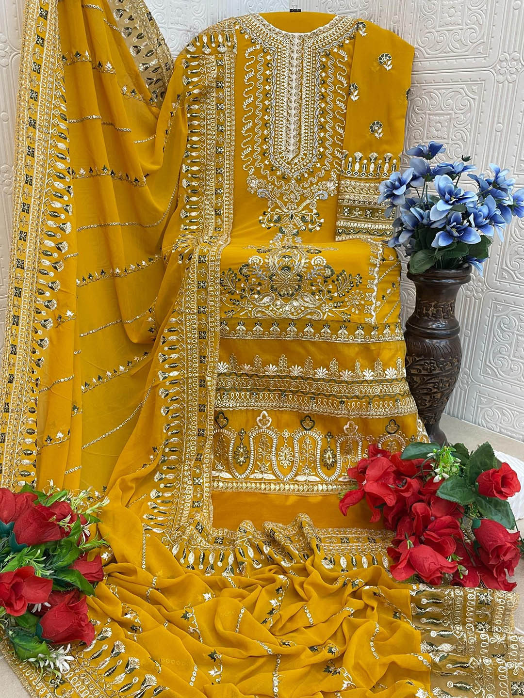 

ANAMSA Ethnic Motifs Zari Embroidered Semi-Stitched Dress Material, Yellow