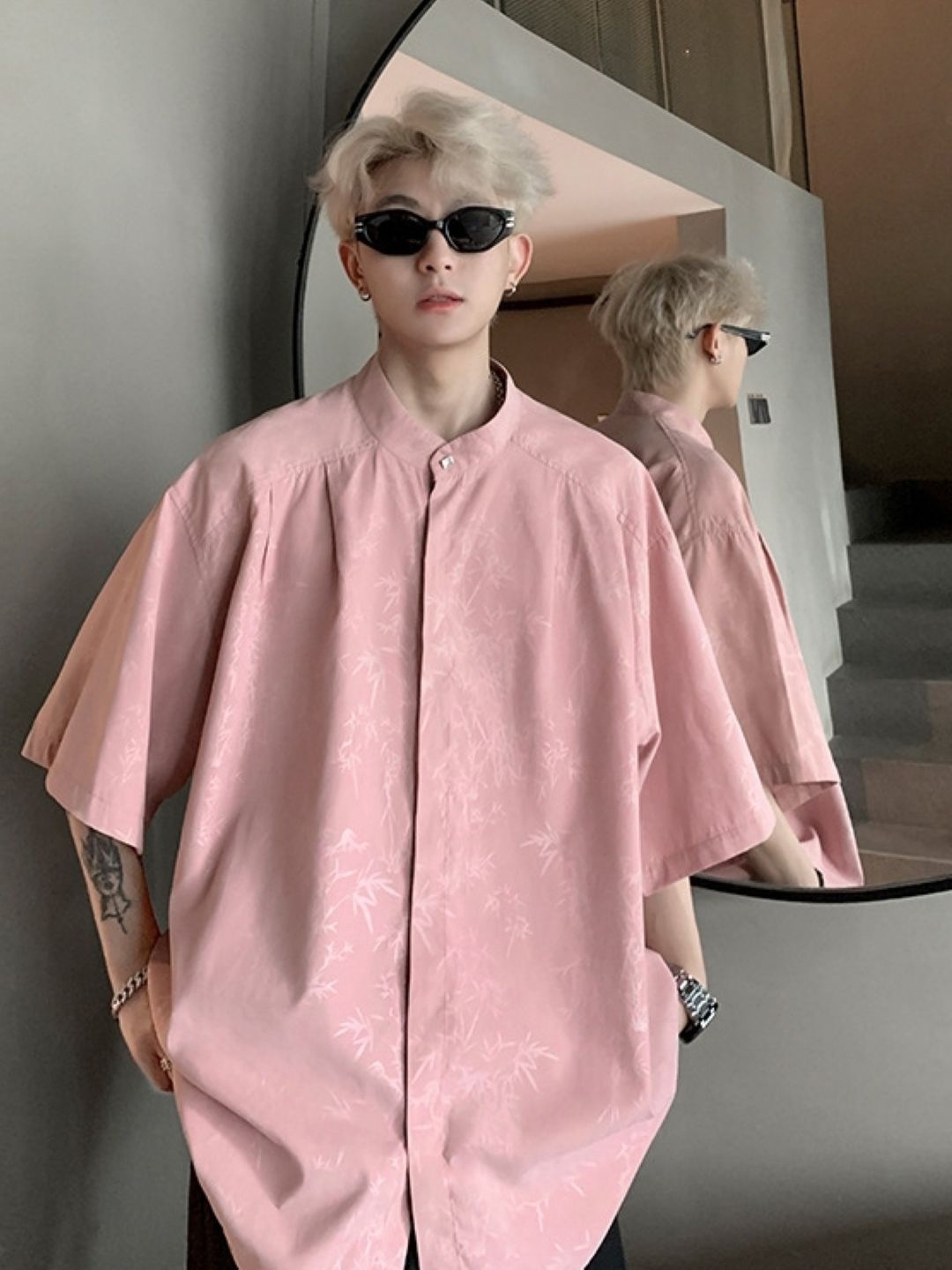 

StyleCast Men Standard Oversized Fit Band Collar Floral Printed Casual Shirt, Pink