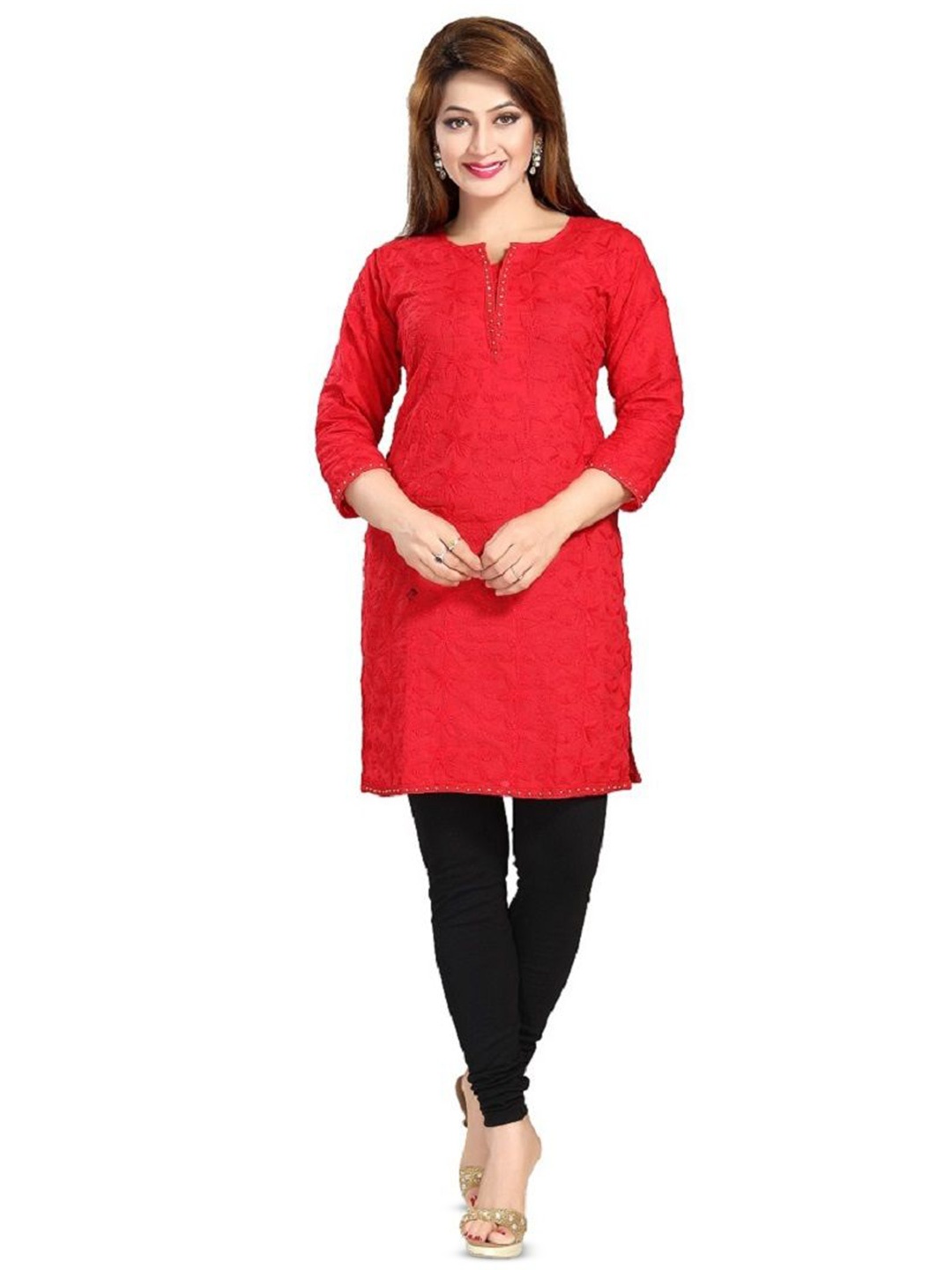 

DREAM & DZIRE Ethnic Motifs Embroidered Thread Work Pure Cotton Thread Work Kurti, Red