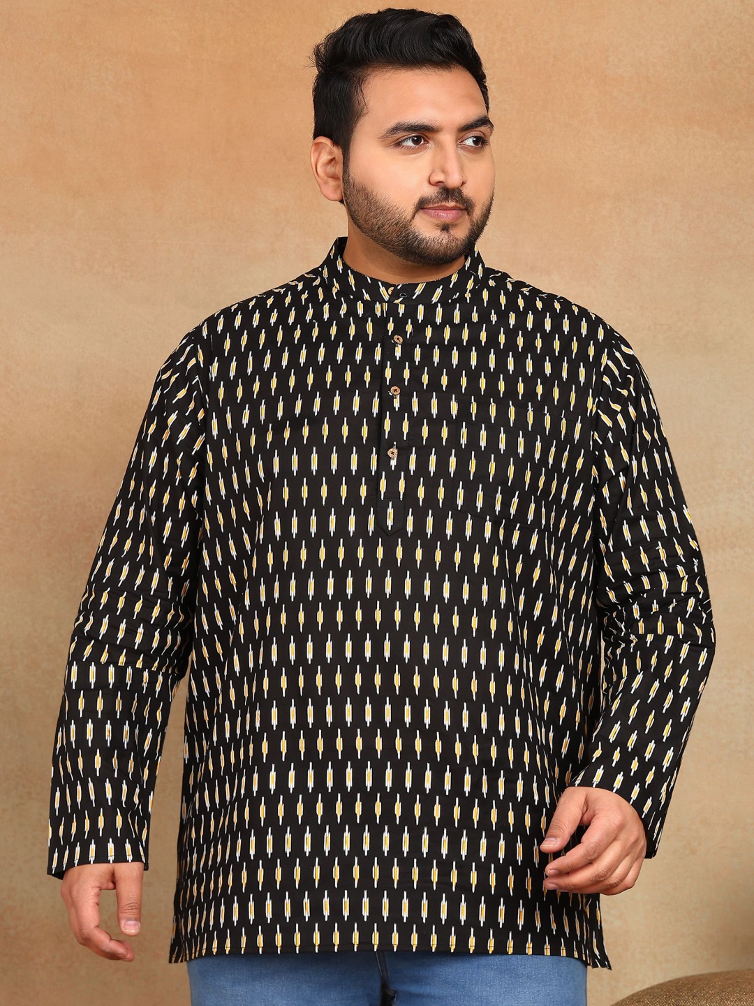 

Sztori Plus Size Men Geometric Printed Mandarin Collar Straight Kurta, Black