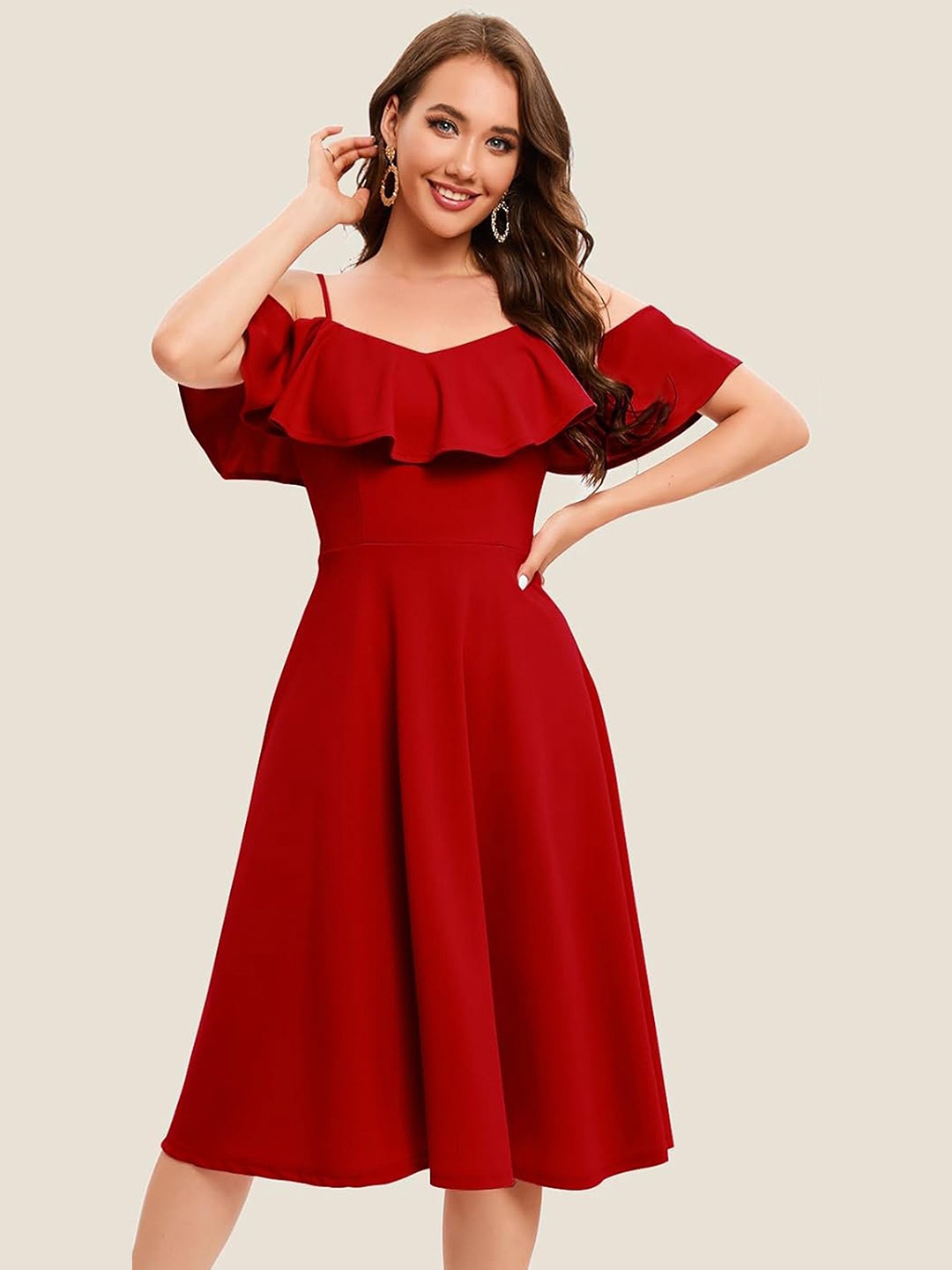 

C4D Women Cold-Shoulder Fit & Flare Maxi Dress, Red