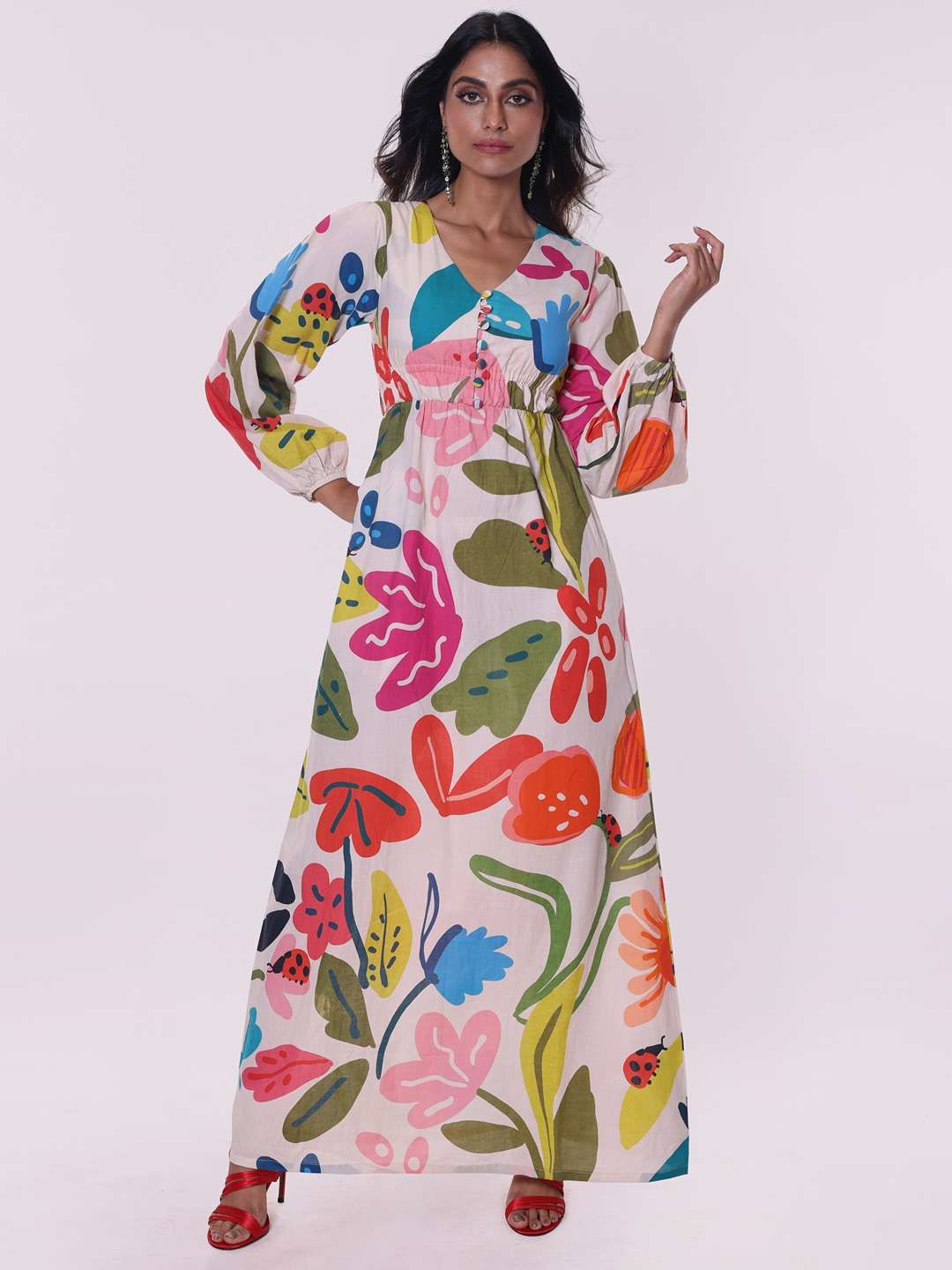 

POPPI Women Floral Printed V-Neck Puff Sleeves A-Line Garden Printed Maxi Dress, White